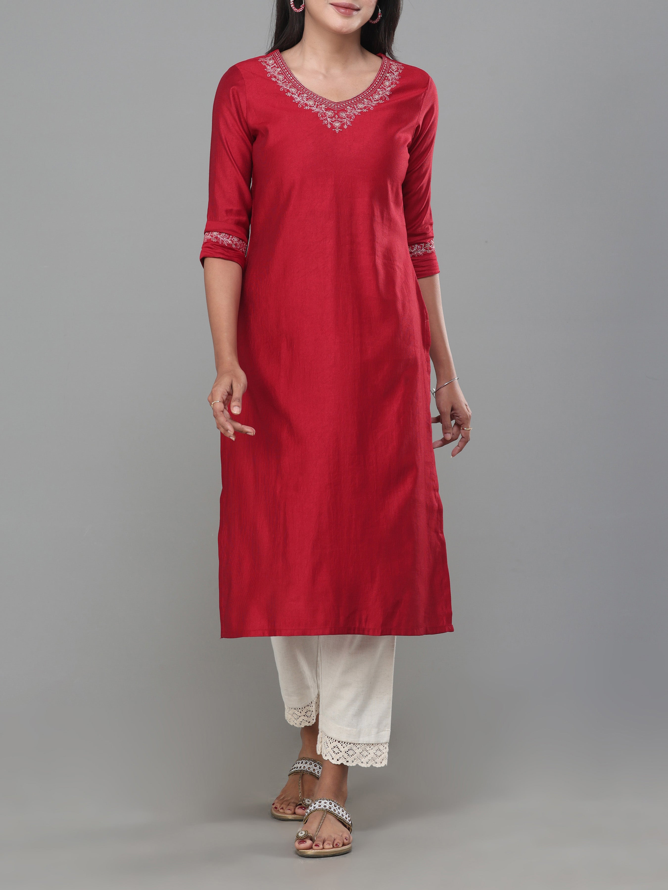Maroon Denting Viscose Kurti With Embroidery