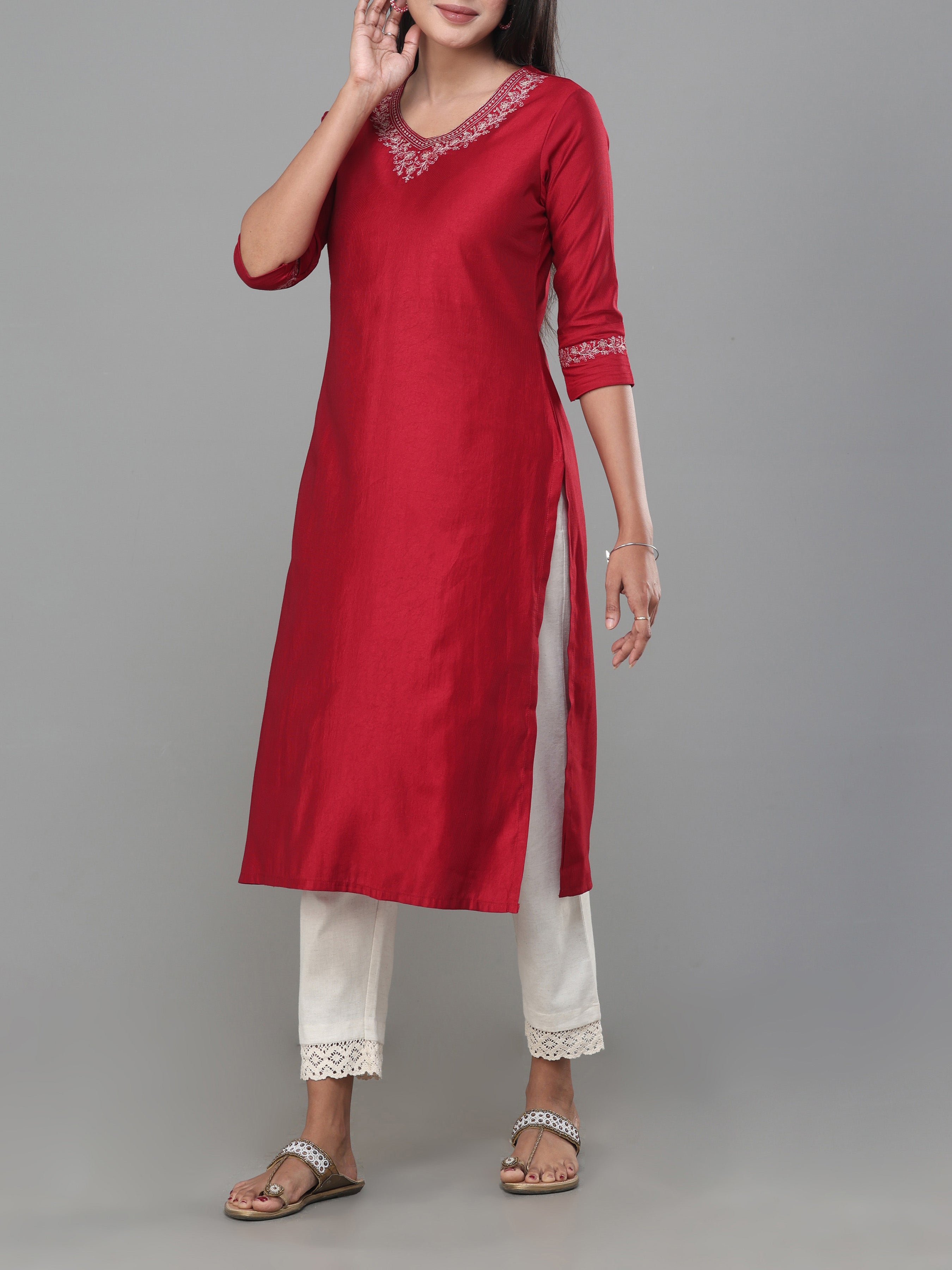 Maroon Denting Viscose Kurti With Embroidery