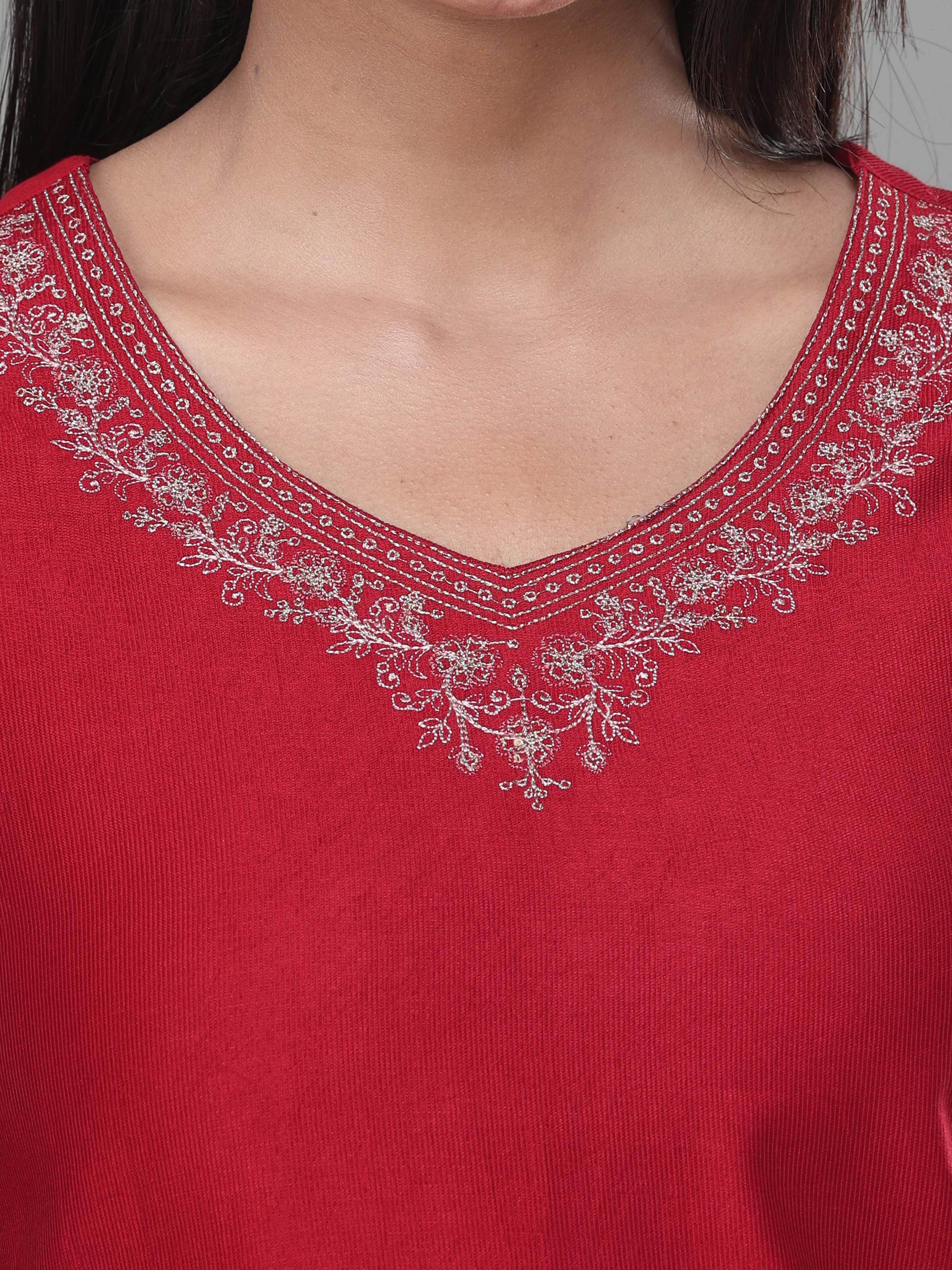 Maroon Denting Viscose Kurti With Embroidery