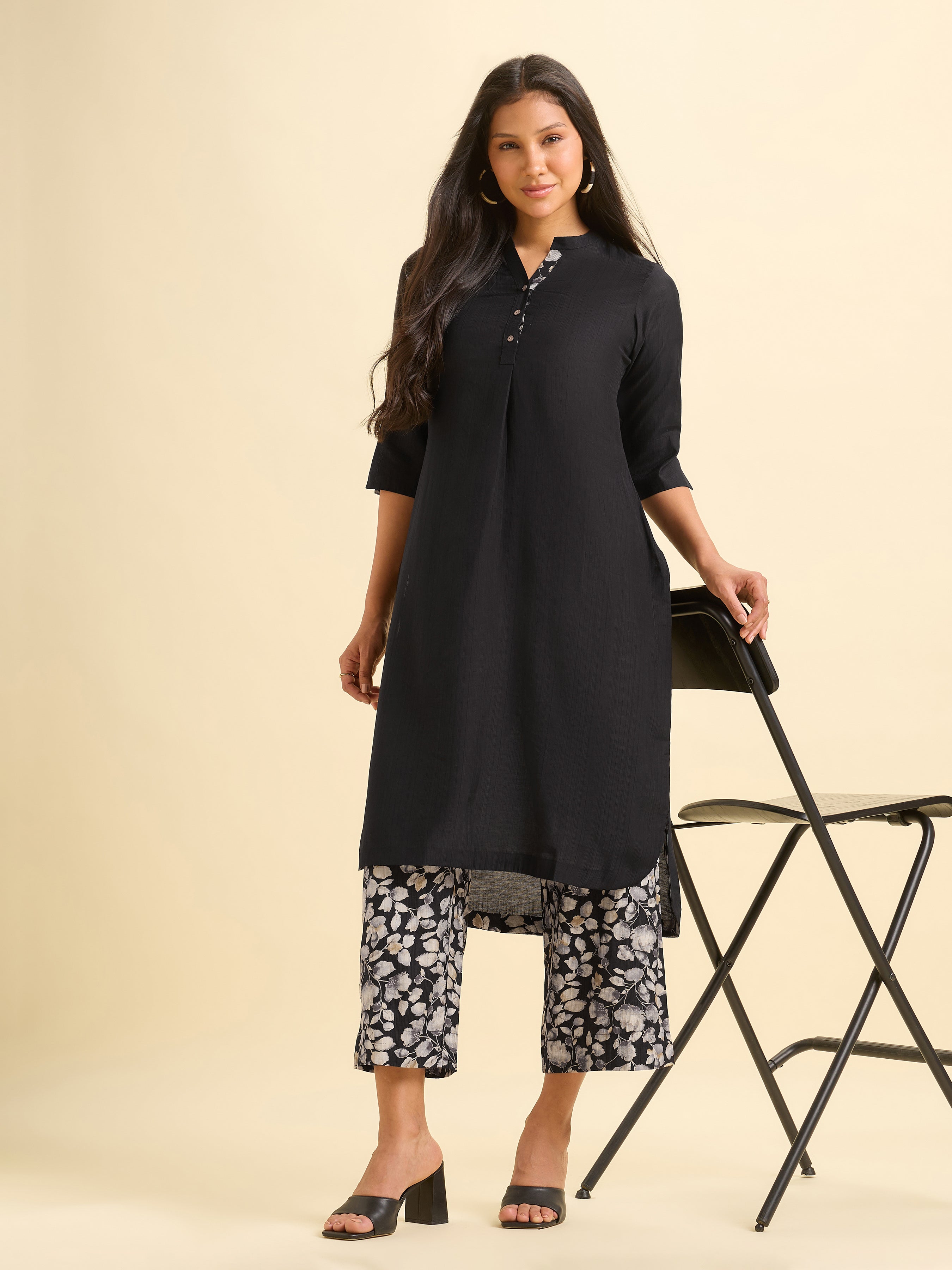 Black Viscose Blend Slit Kurti Set With High - Low Hem Line