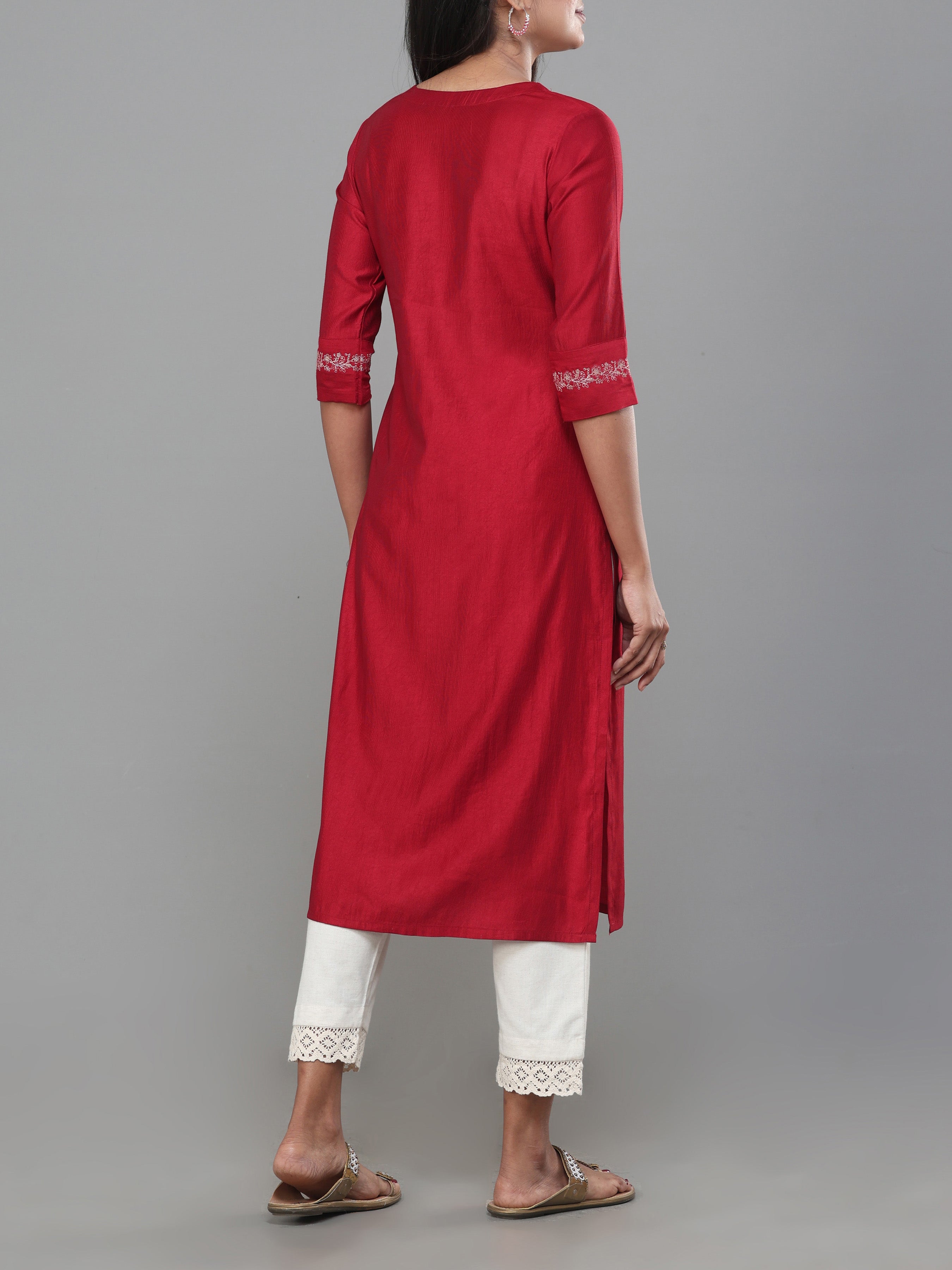 Maroon Denting Viscose Kurti With Embroidery