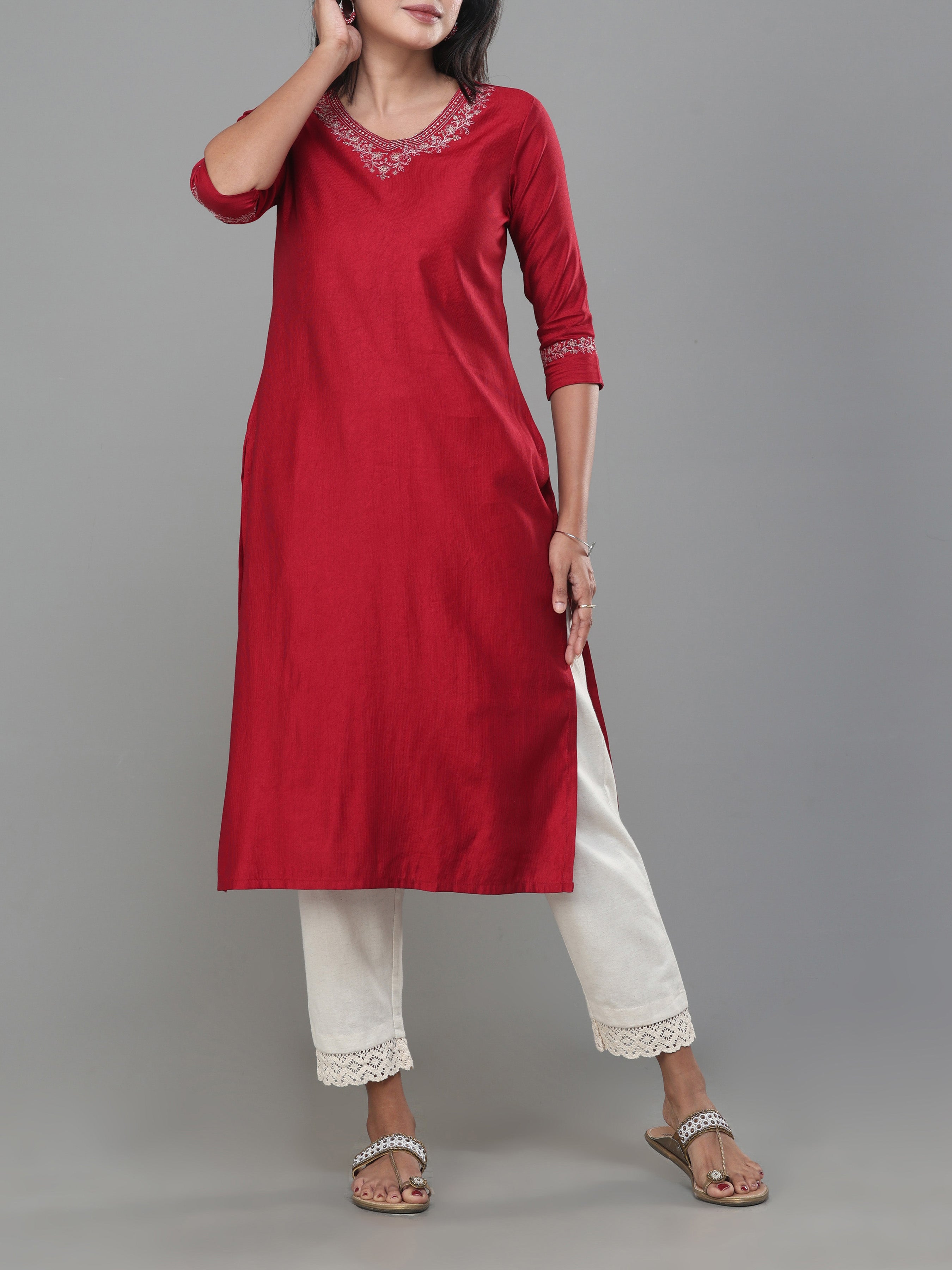 Maroon Denting Viscose Kurti With Embroidery