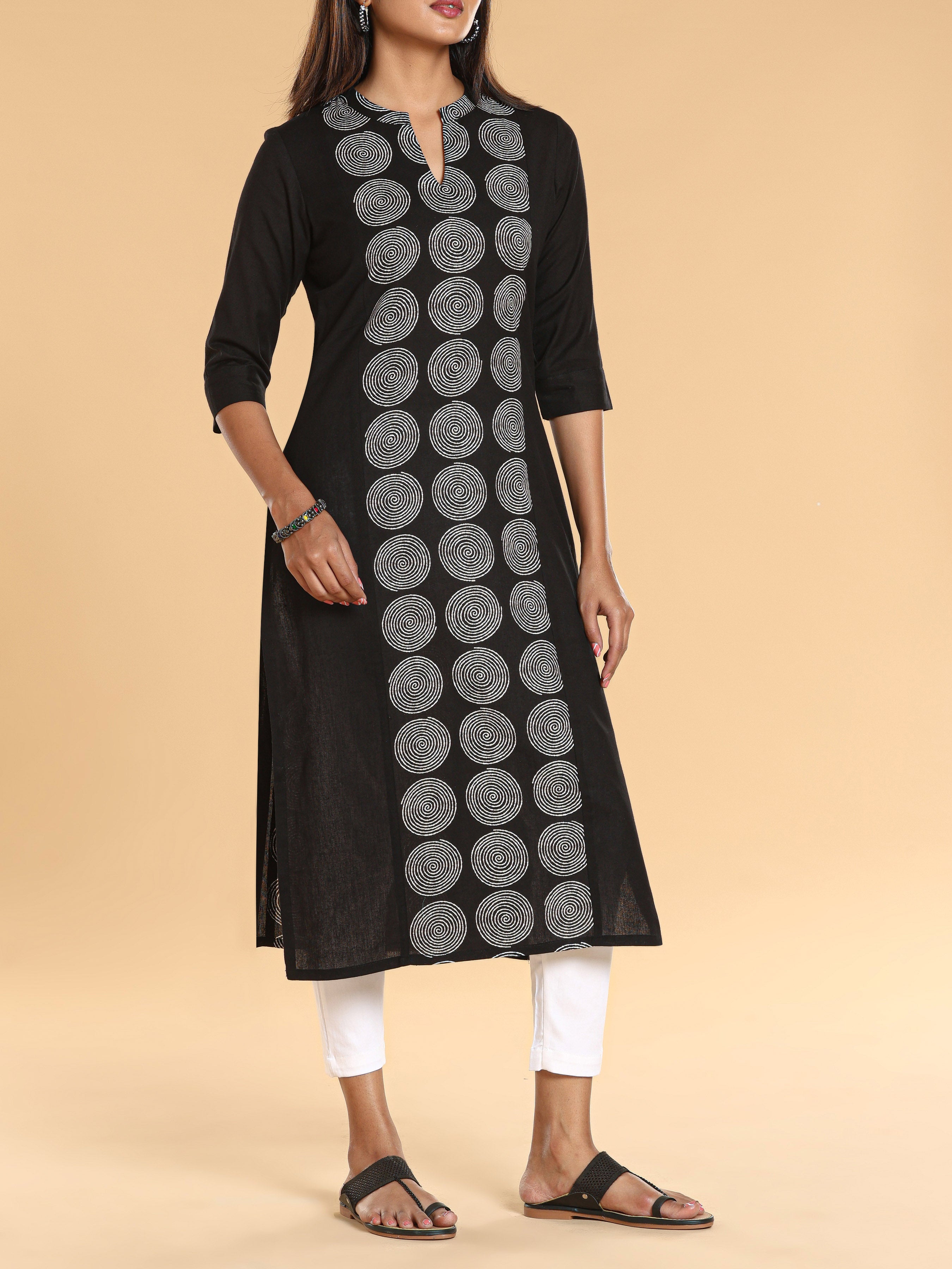 Black Cotton Flax Printed Kurti
