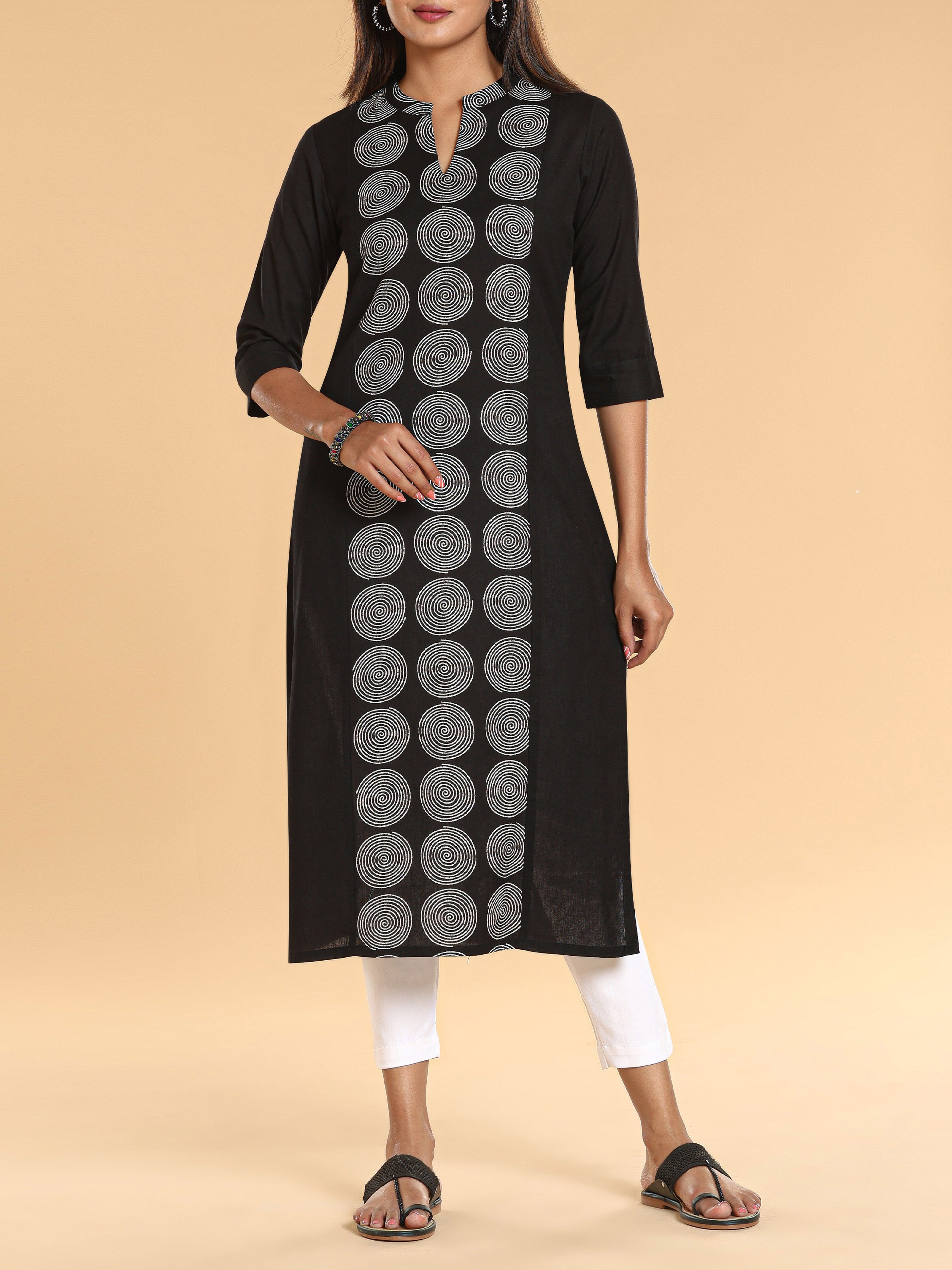 Black Cotton Flax Printed Kurti