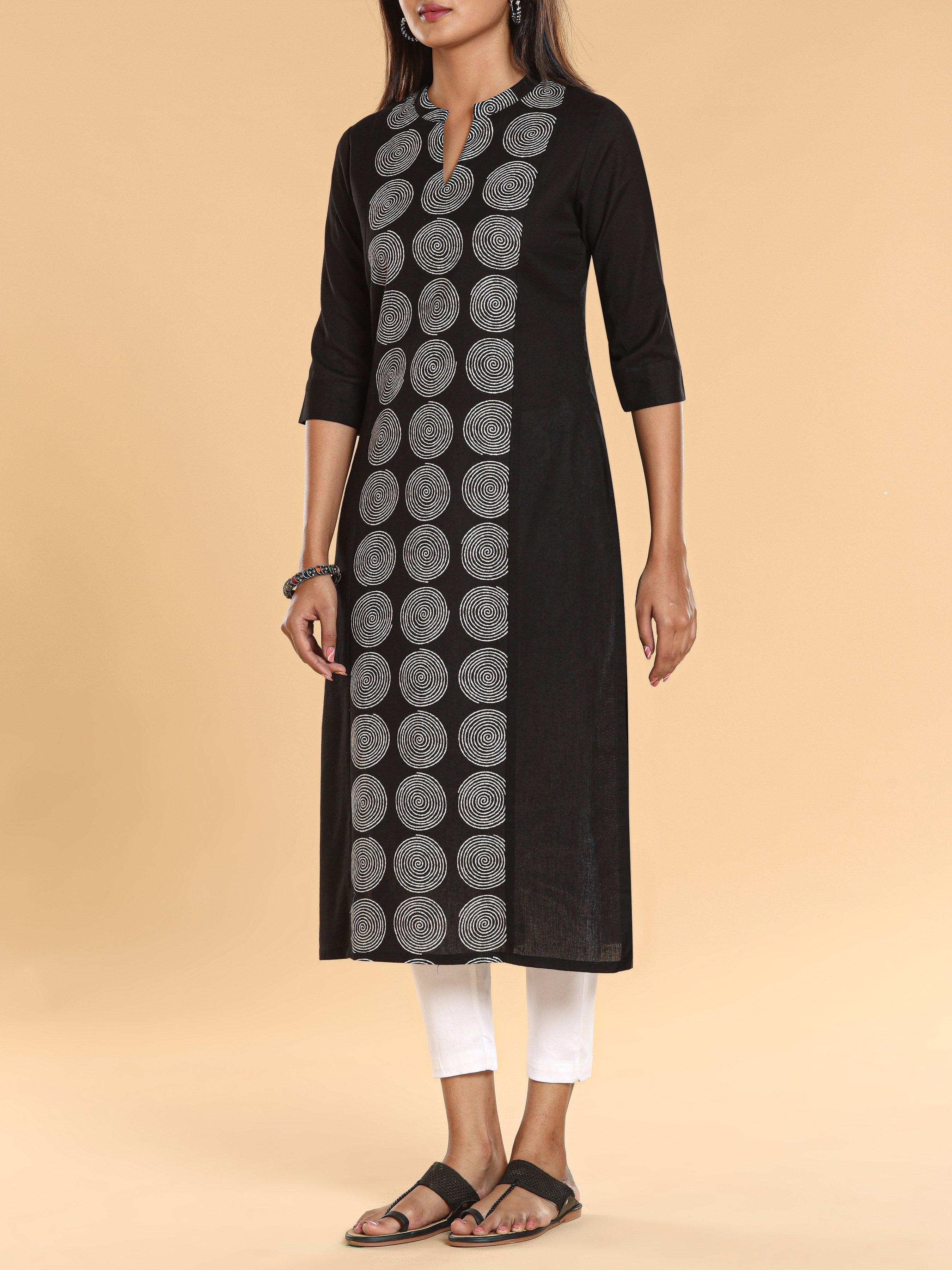 Black Cotton Flax Printed Kurti