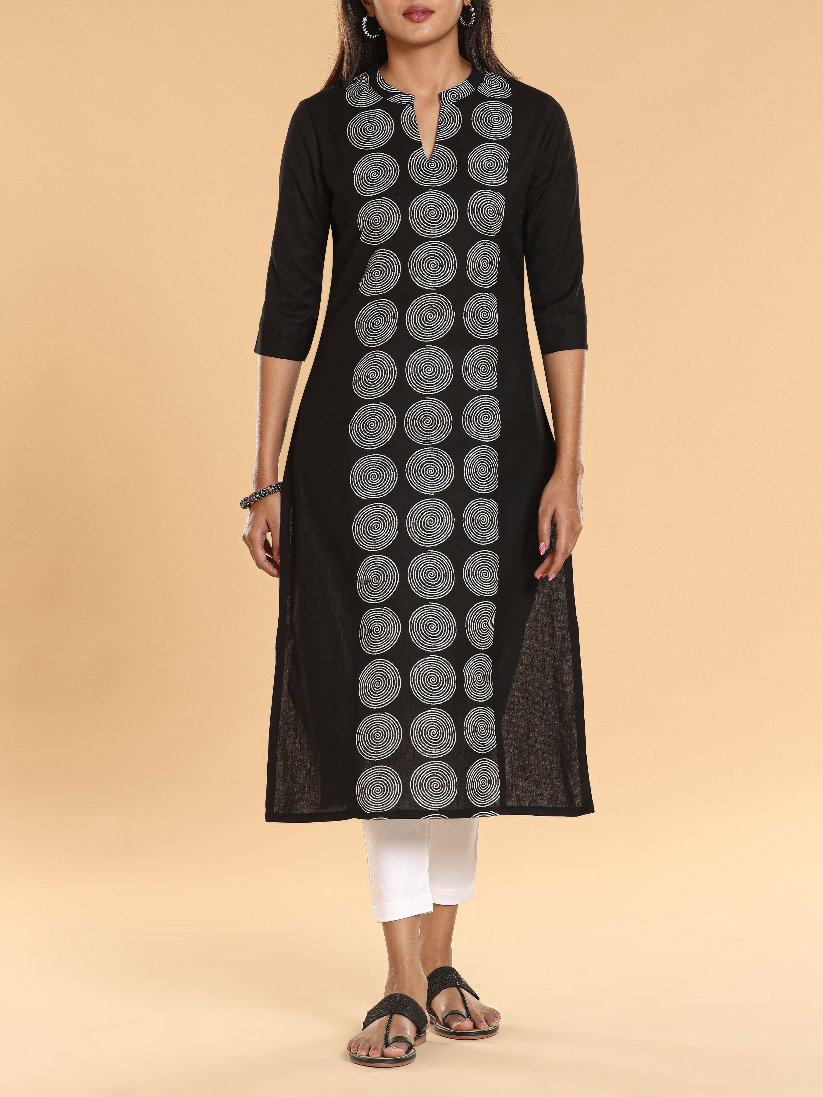 Black Cotton Flax Printed Kurti