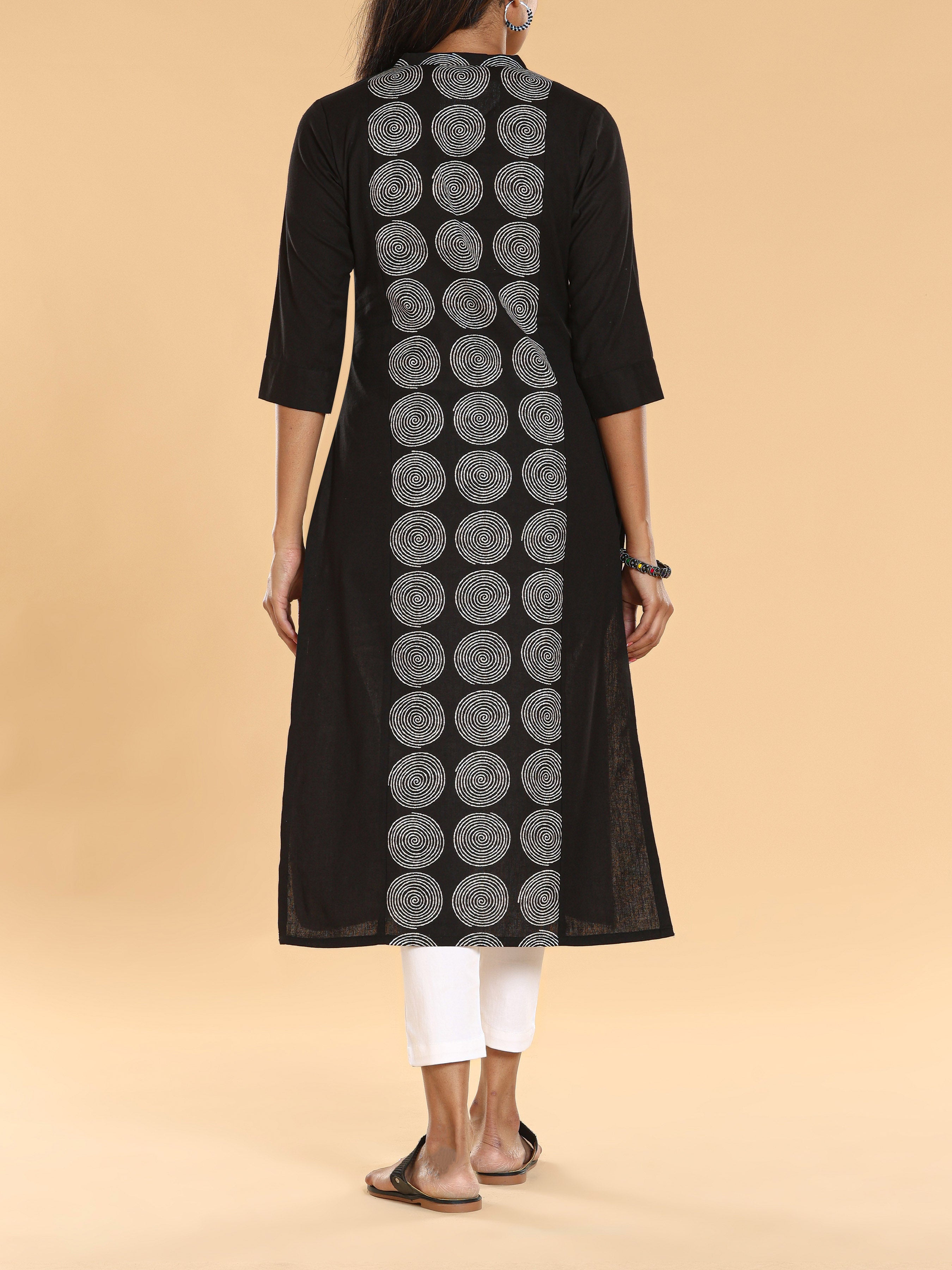 Black Cotton Flax Printed Kurti