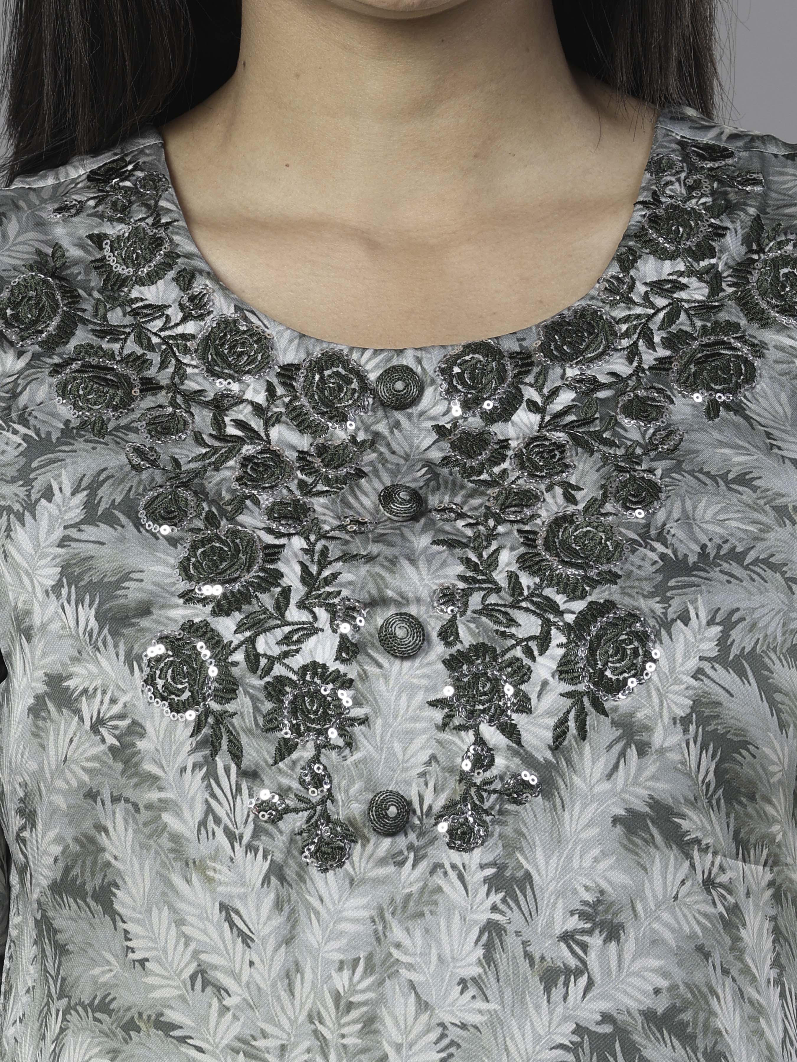 Sage Green Organza Satin Kurti With Embroidery And Matching Bottom