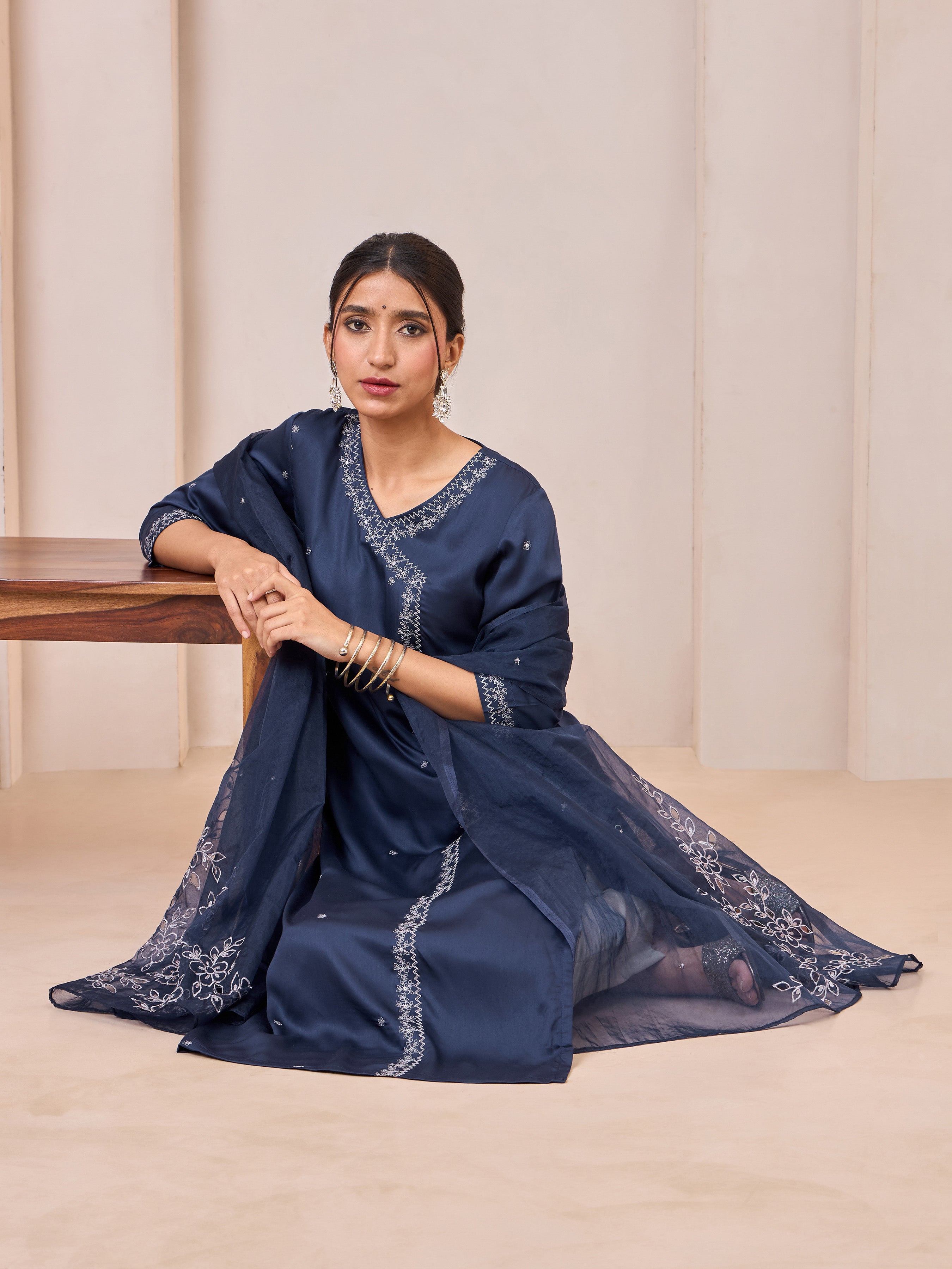 Navy Blue Viscose Plain Kurti Set & Dupatta With Hand Work Embroidery