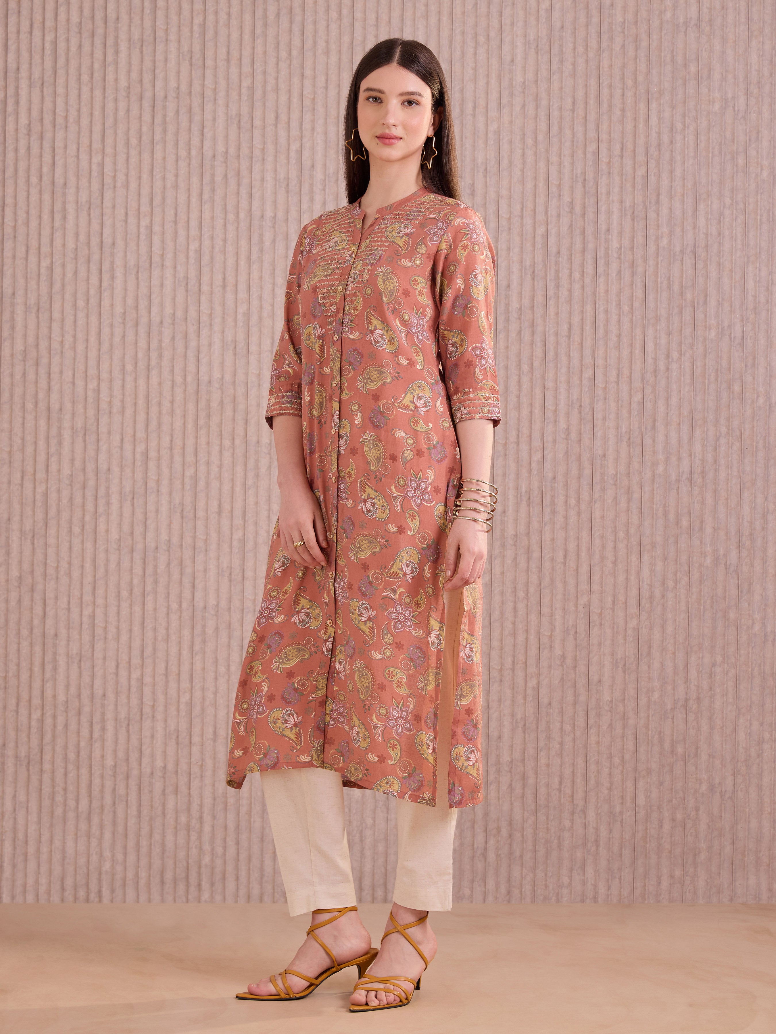 Orange Modal Chanderi Foil Printed Kurti With Seqiuins Embroidery
