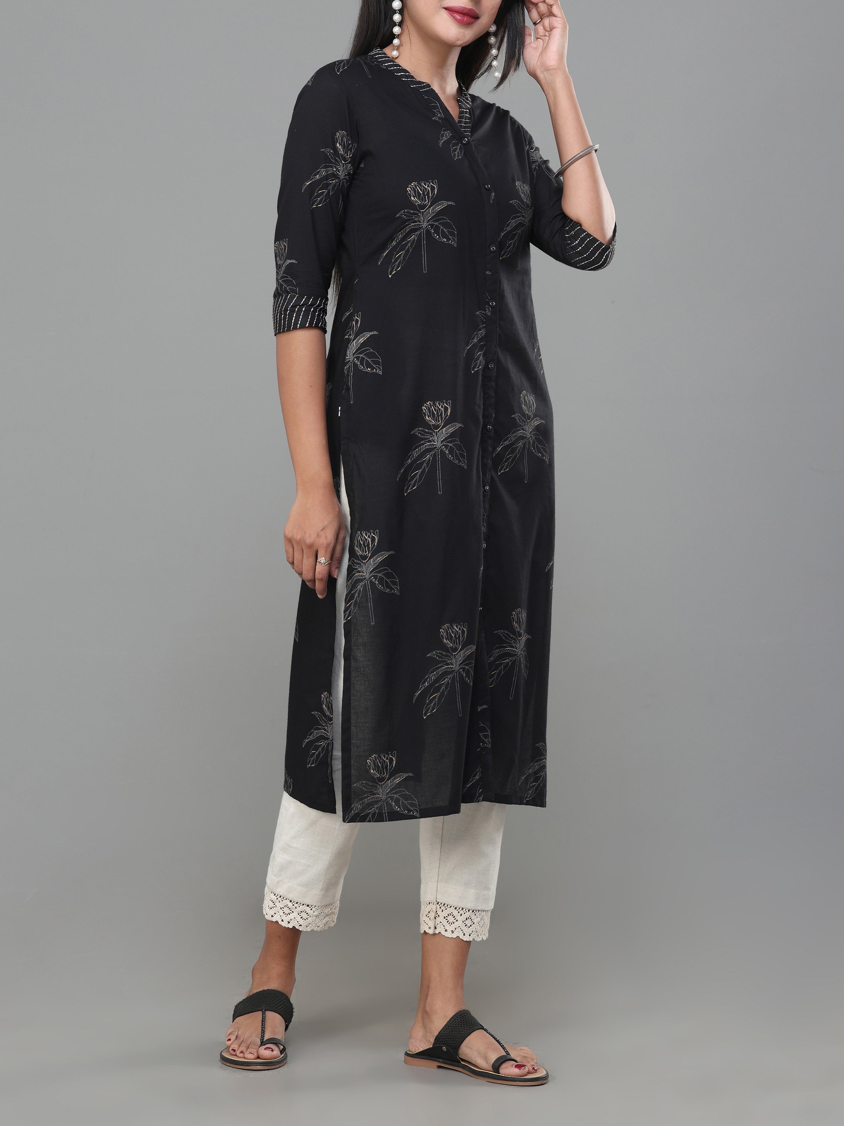 Black Pure Cotton Printed Kurti