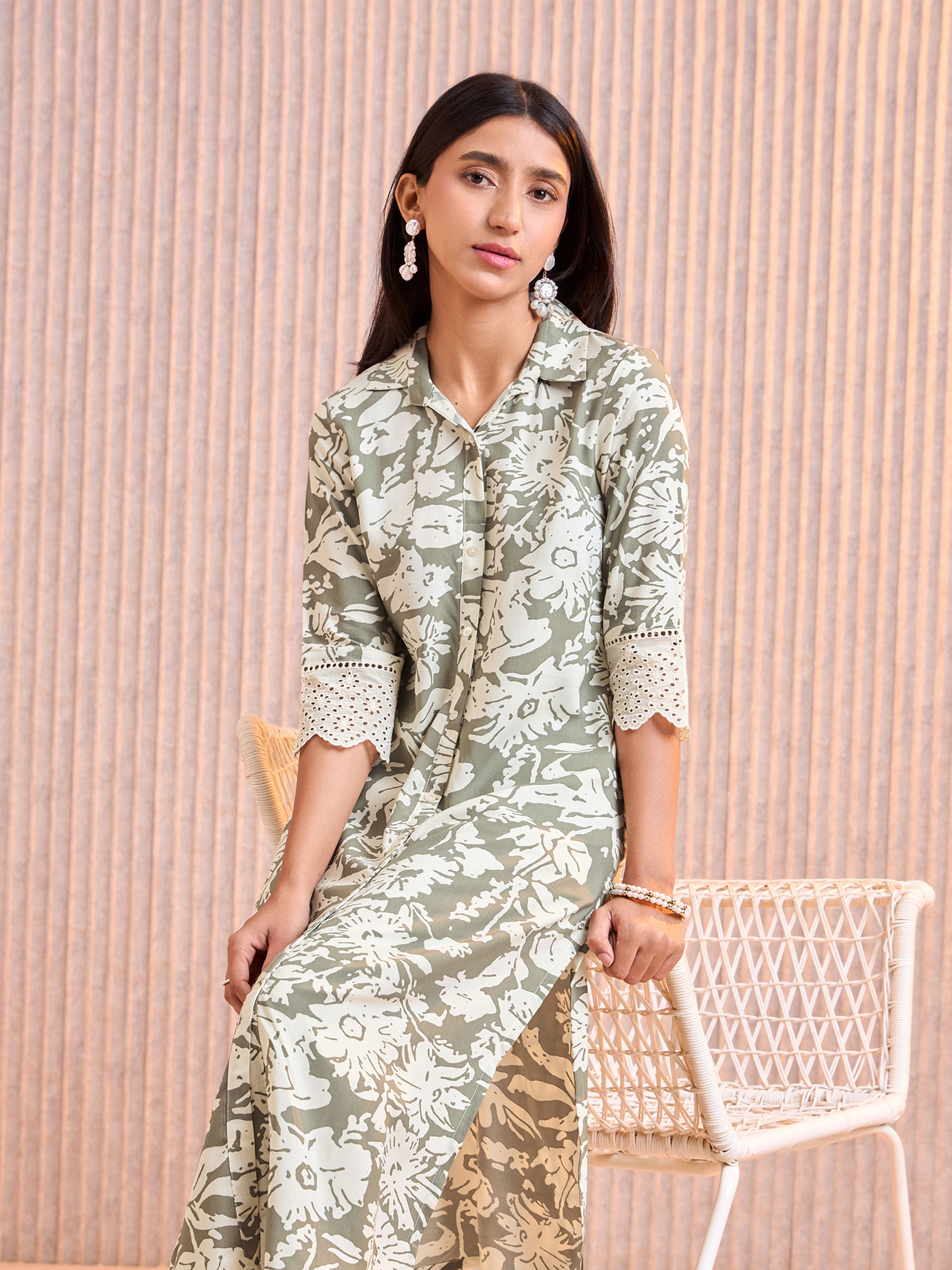 Olive Green Viscose Printed Kurti With Lace