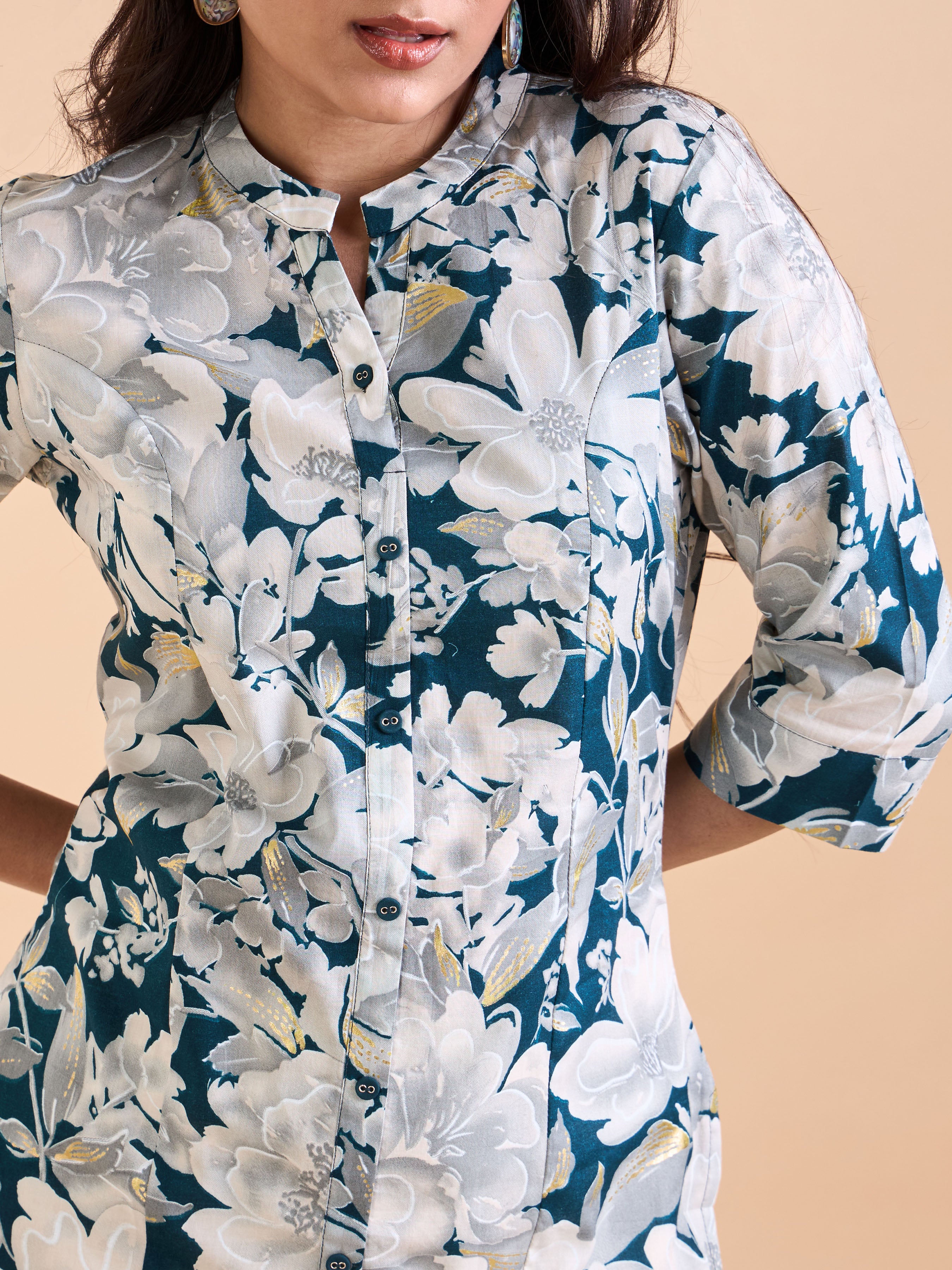 Teal Blue Pure Cotton Printed Kurti