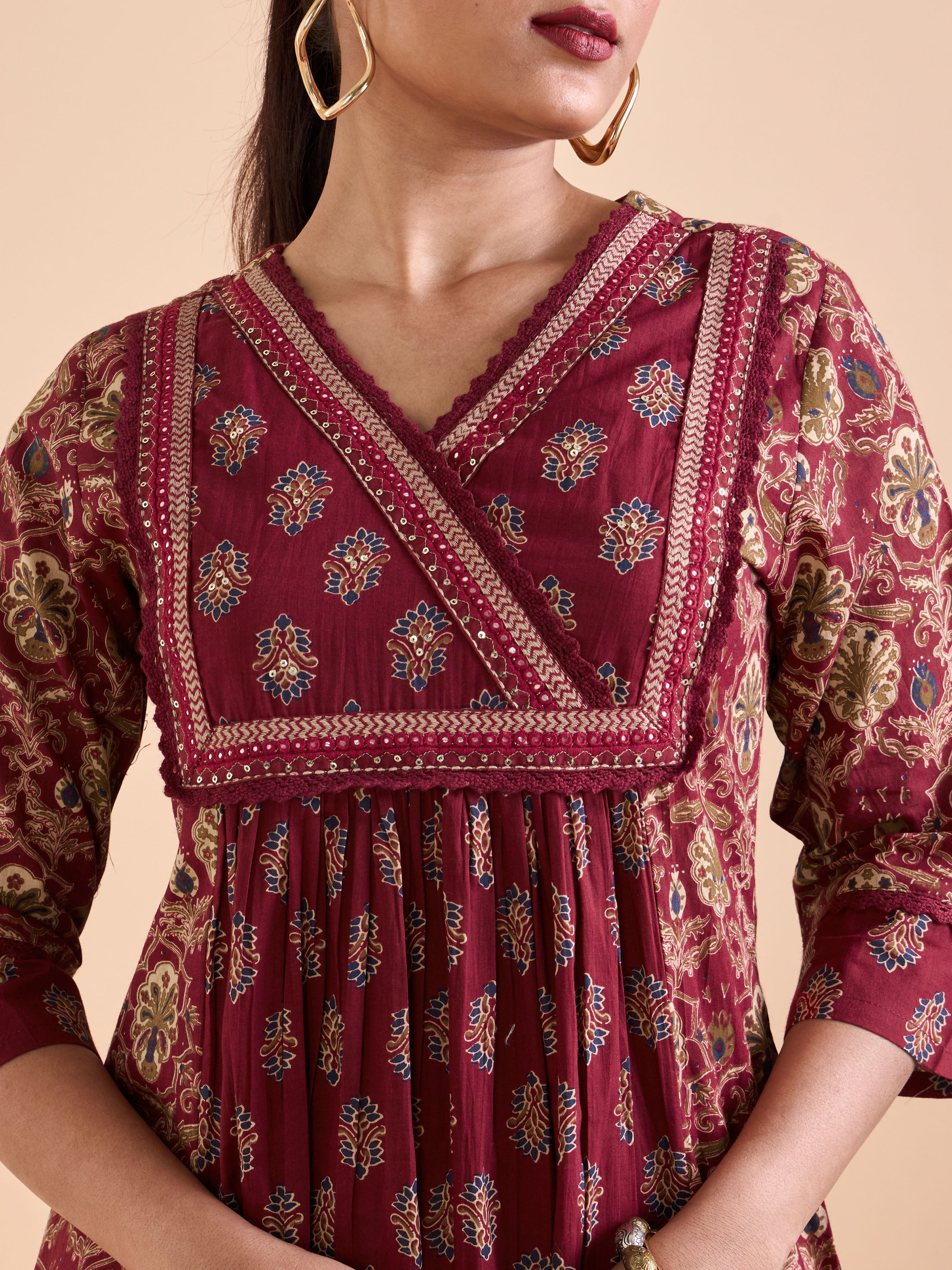 Red Pure Cotton Printed Kurti With Mirror Work