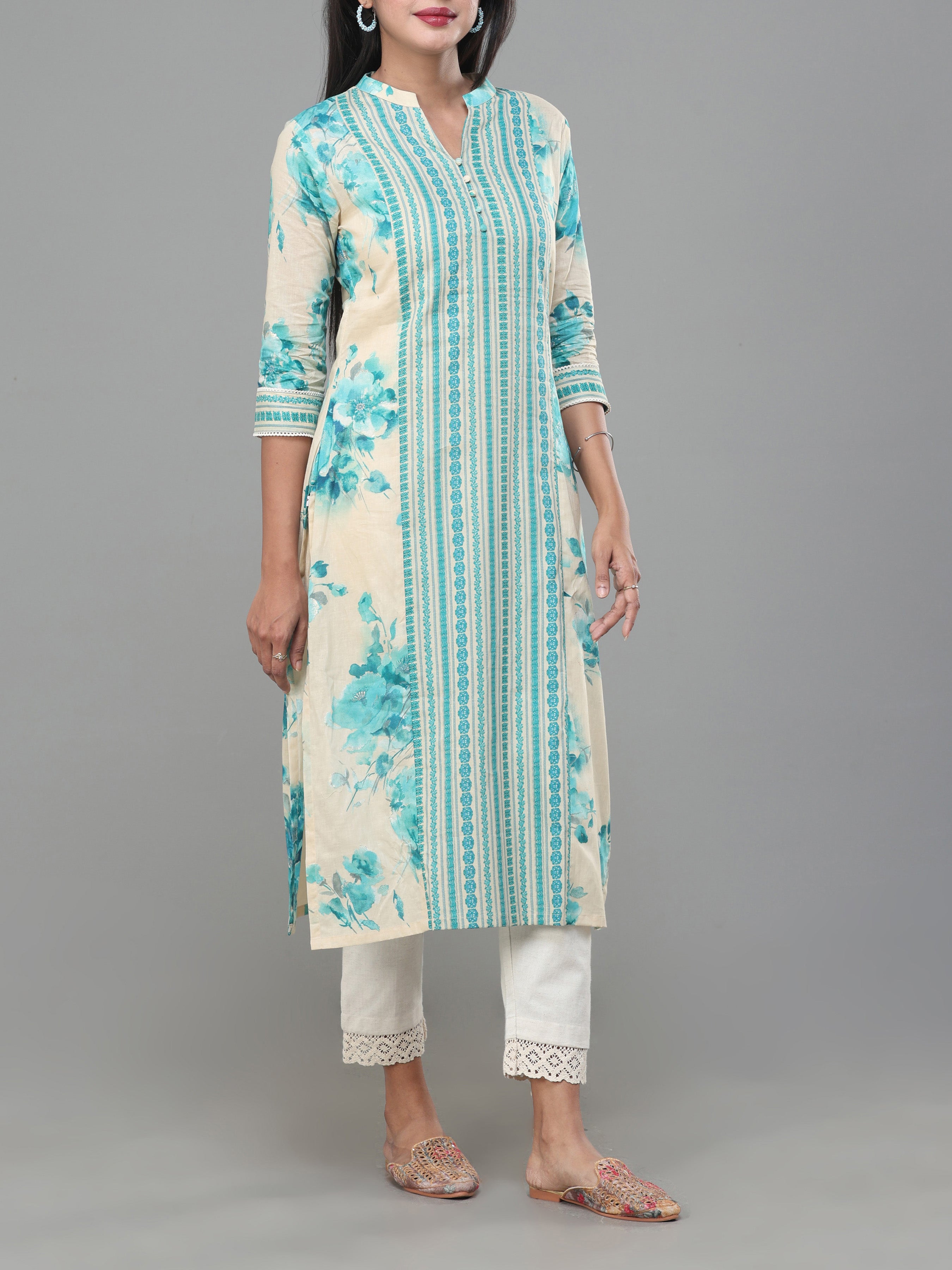 Beige And Blue Pure Cotton Printed Kurti With Center Cut