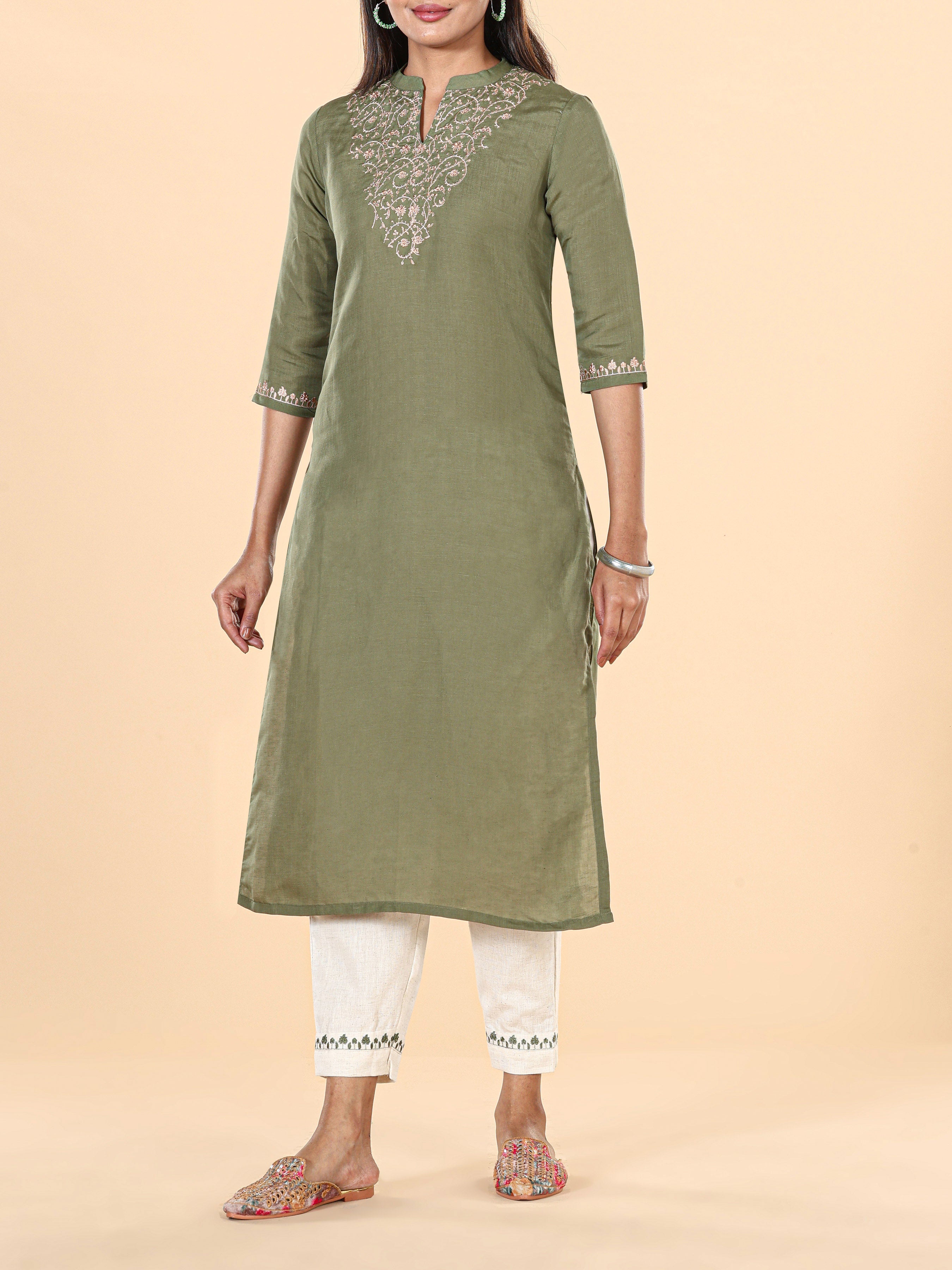 Olive Green Linen Embroidered Kurti With Bottom