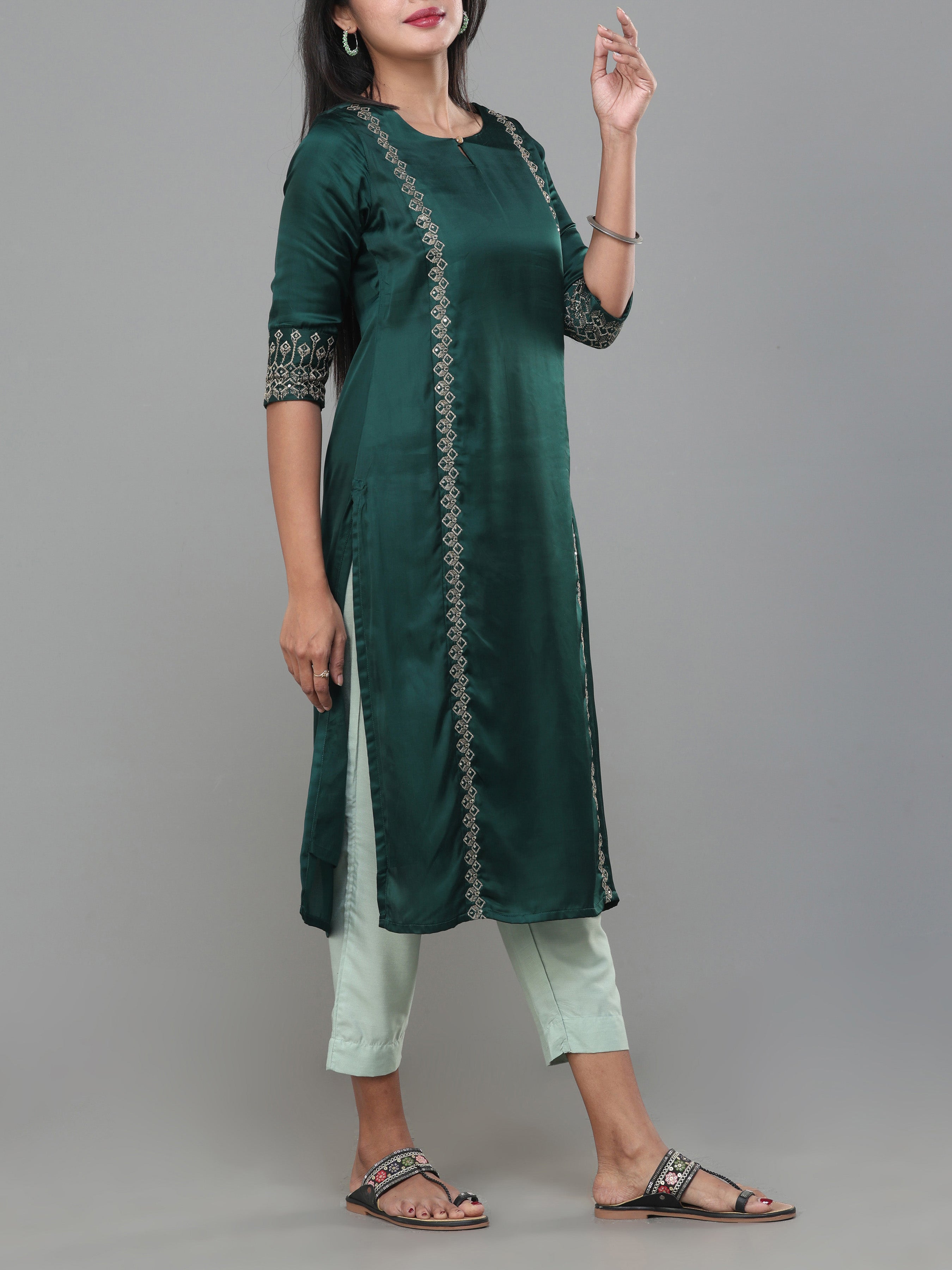Bottle Green Satin Kurti With Matching Bottom