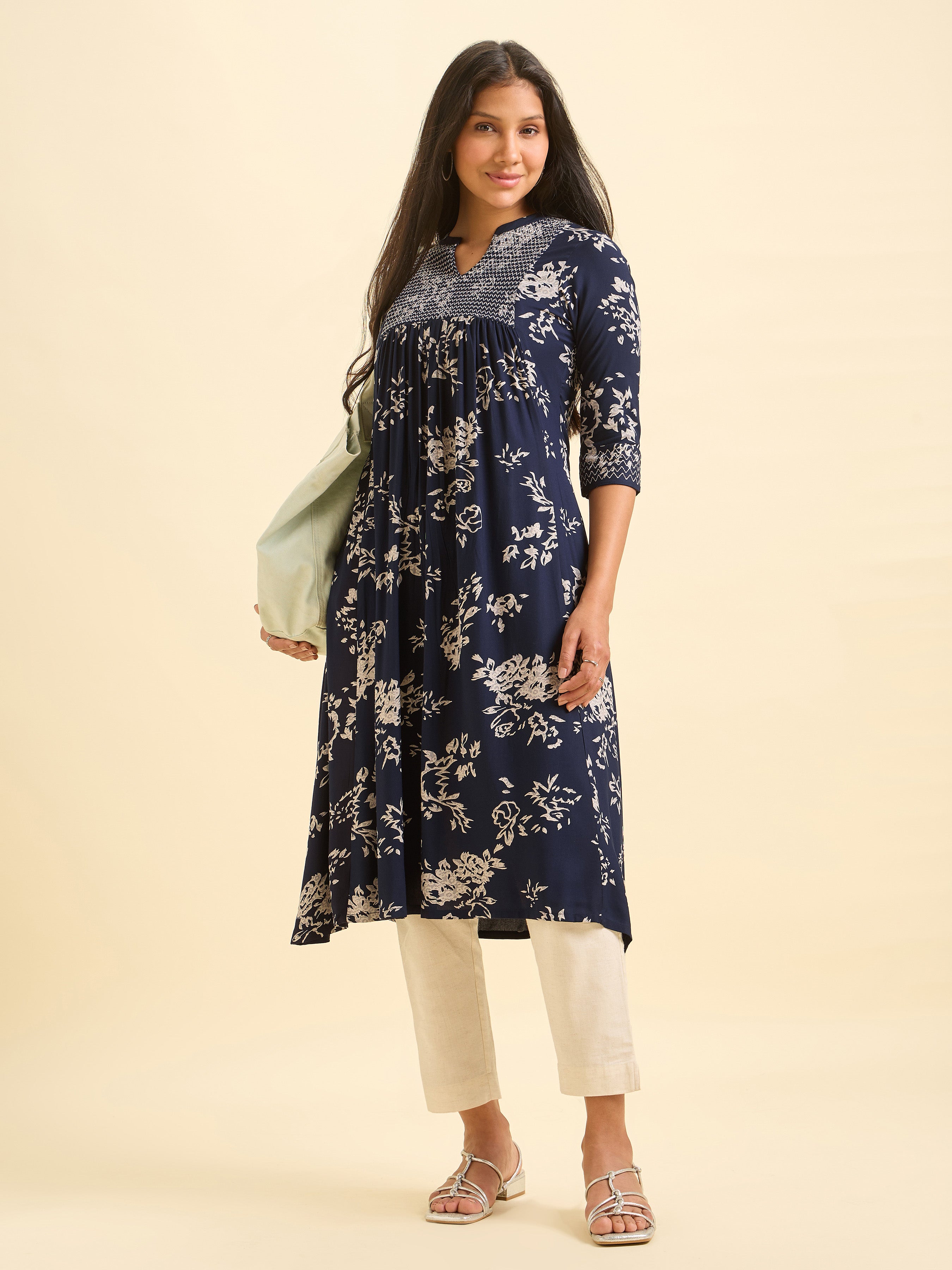 Navy Blue And Ivory Viscose Printed Flared Kurti With Smocking Embroidery