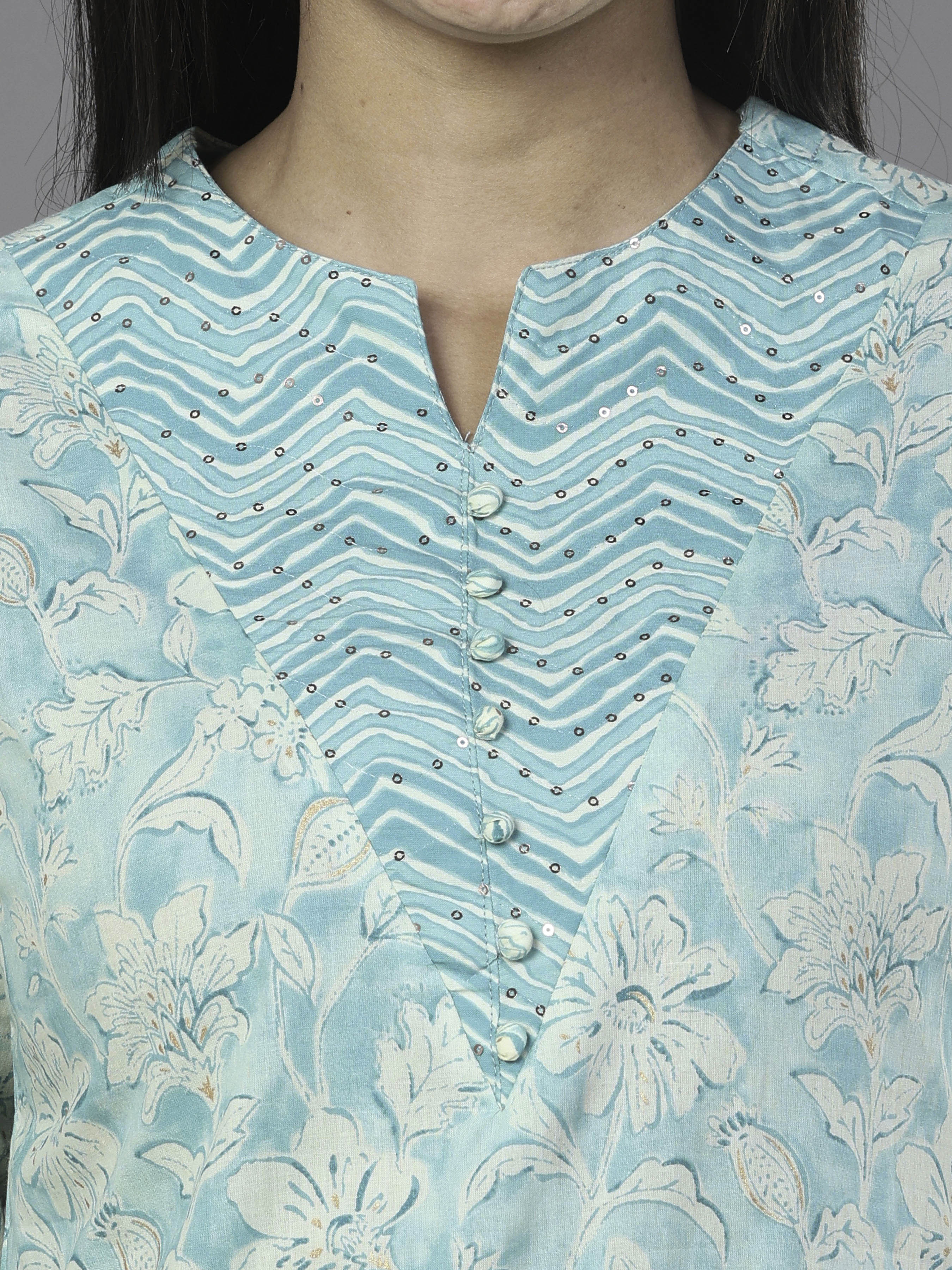 Aqua Blue Pure Cotton Printed Kurti With Embroidery