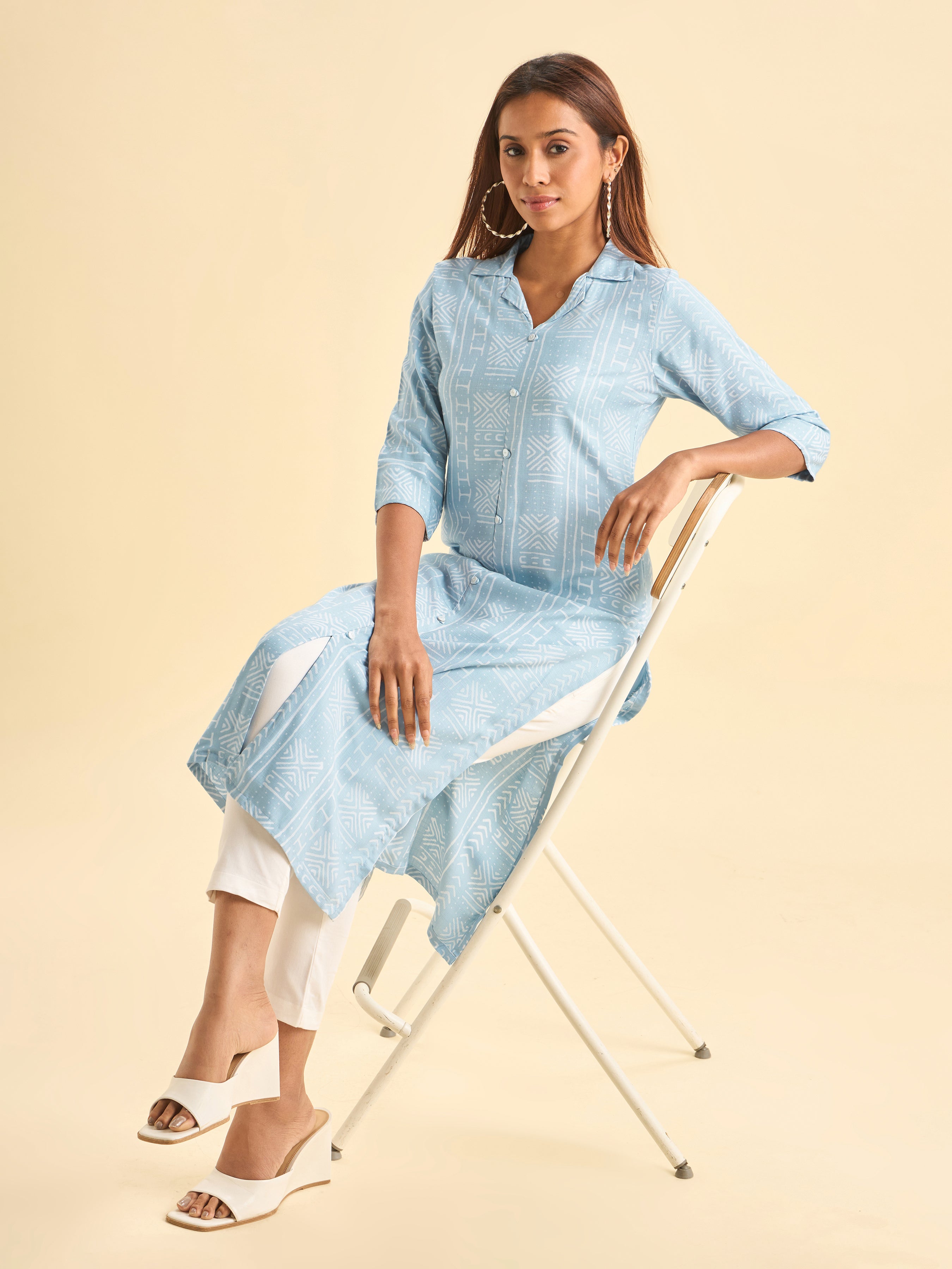 Denim Blue Ivory Tencel Printed Kurti