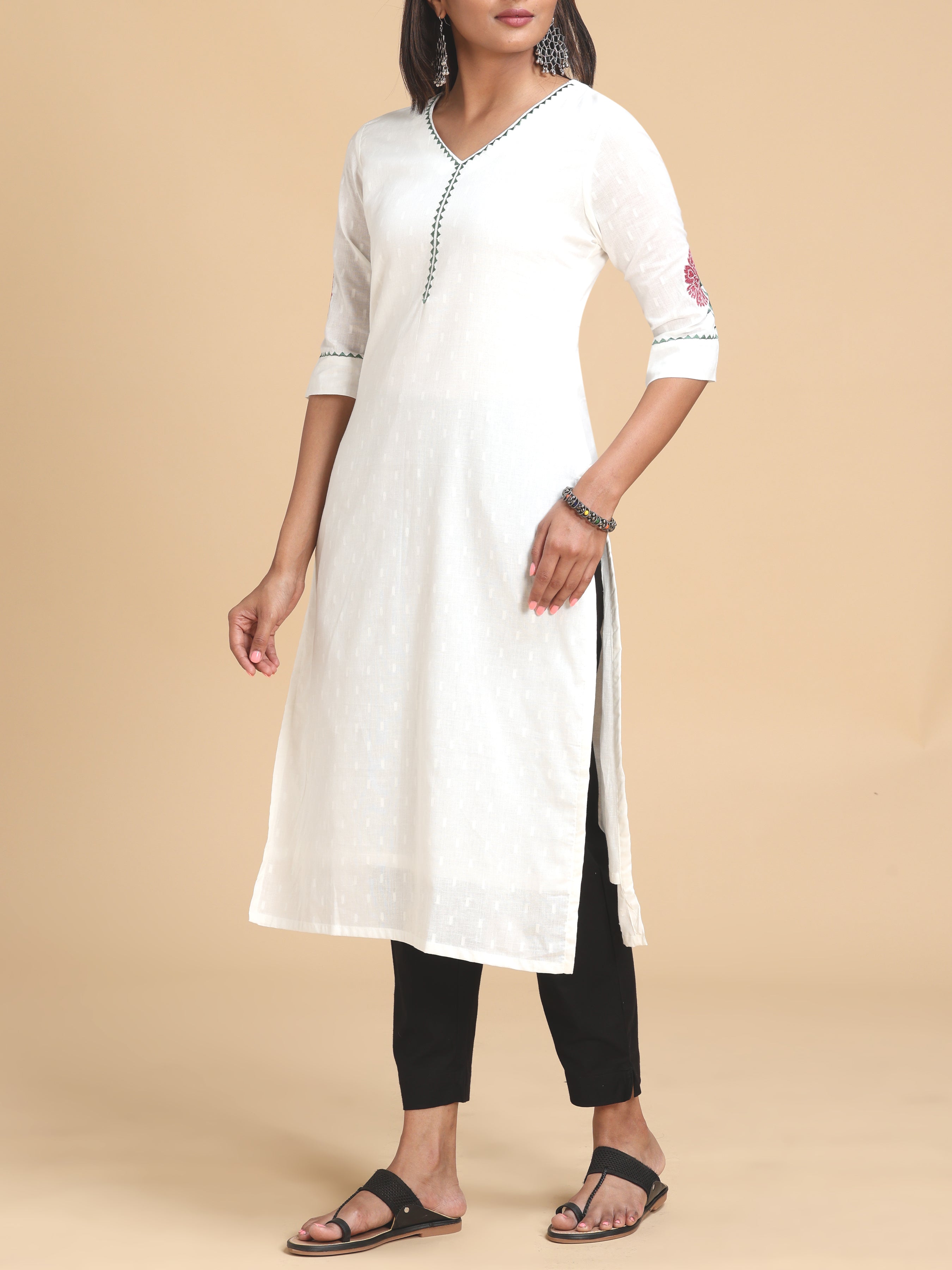 White Cotton Dobby Kurti With Embroidery