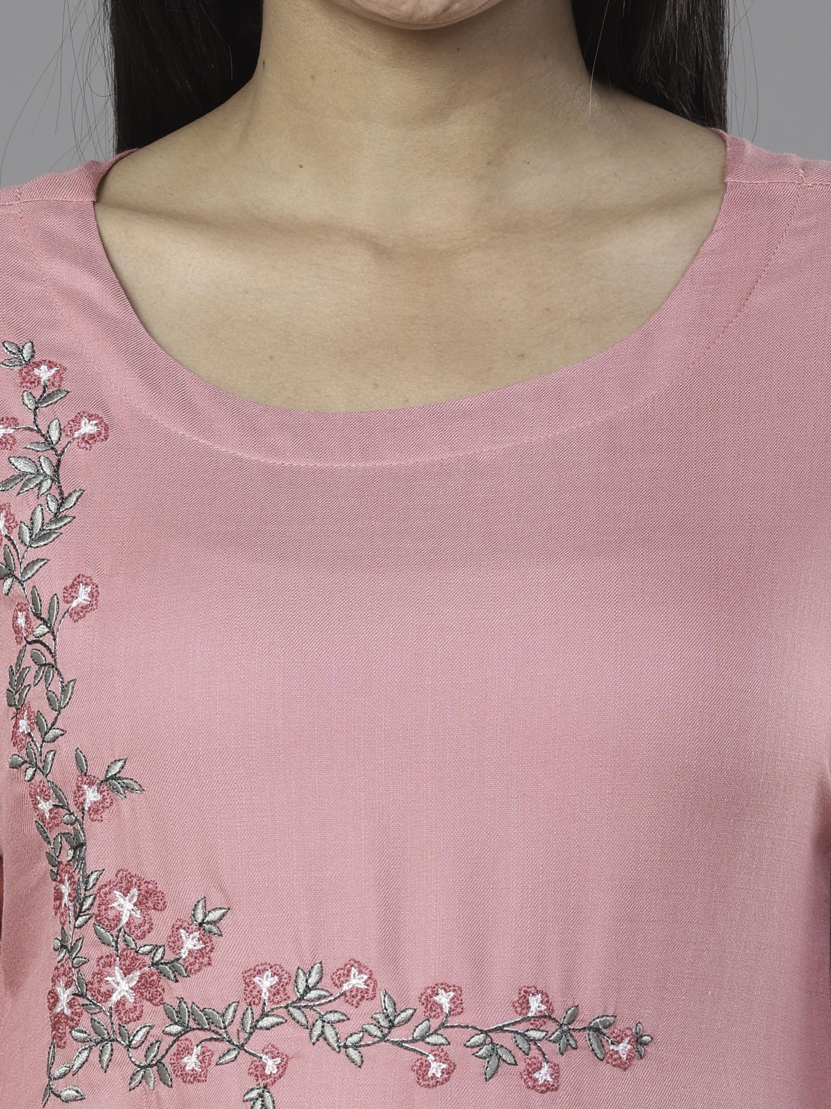 Pink Viscose Twill Plain Kurti With Embroidery