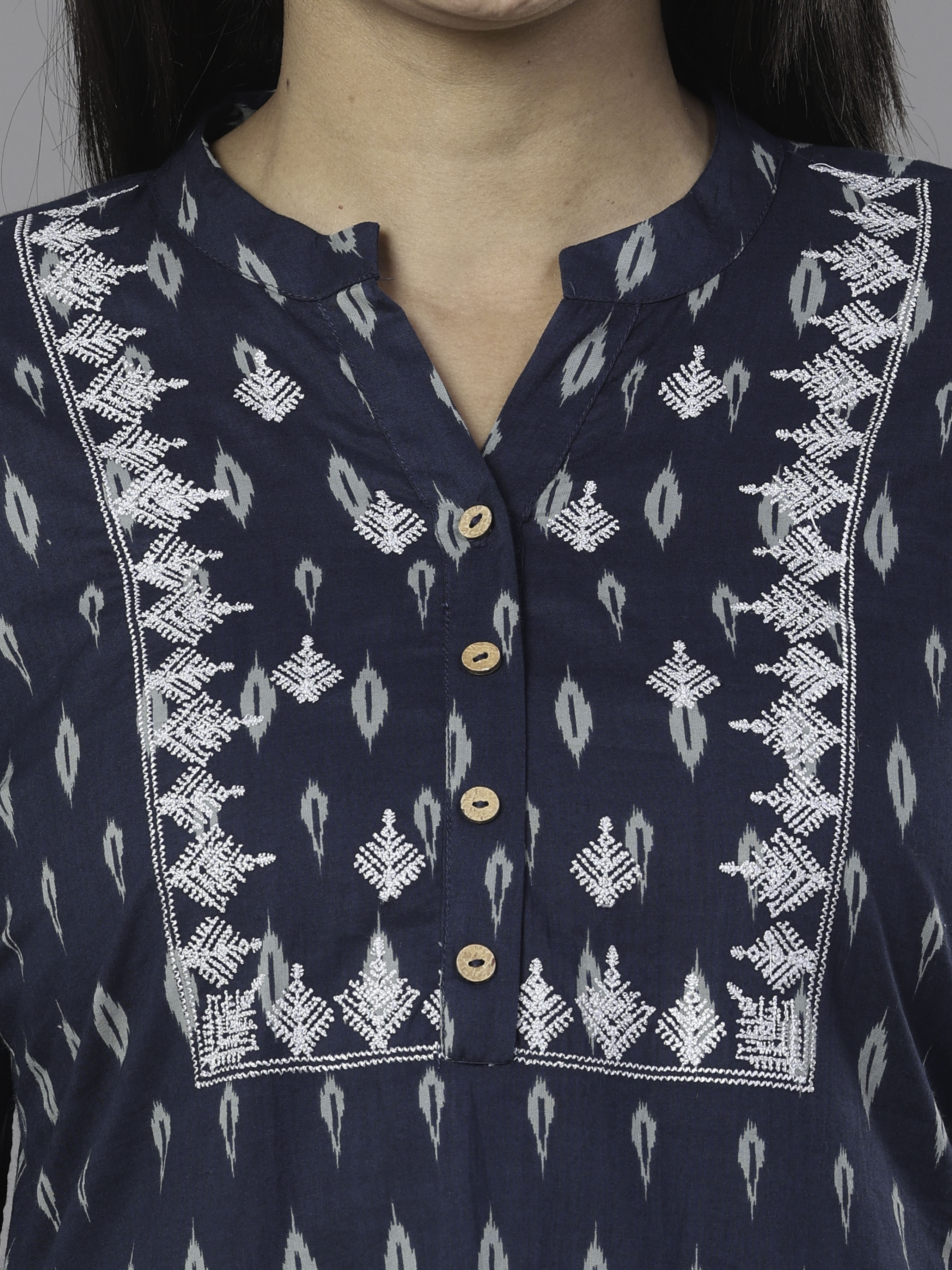 Navy Blue Pure Cotton Printed Kurti With Embroidery