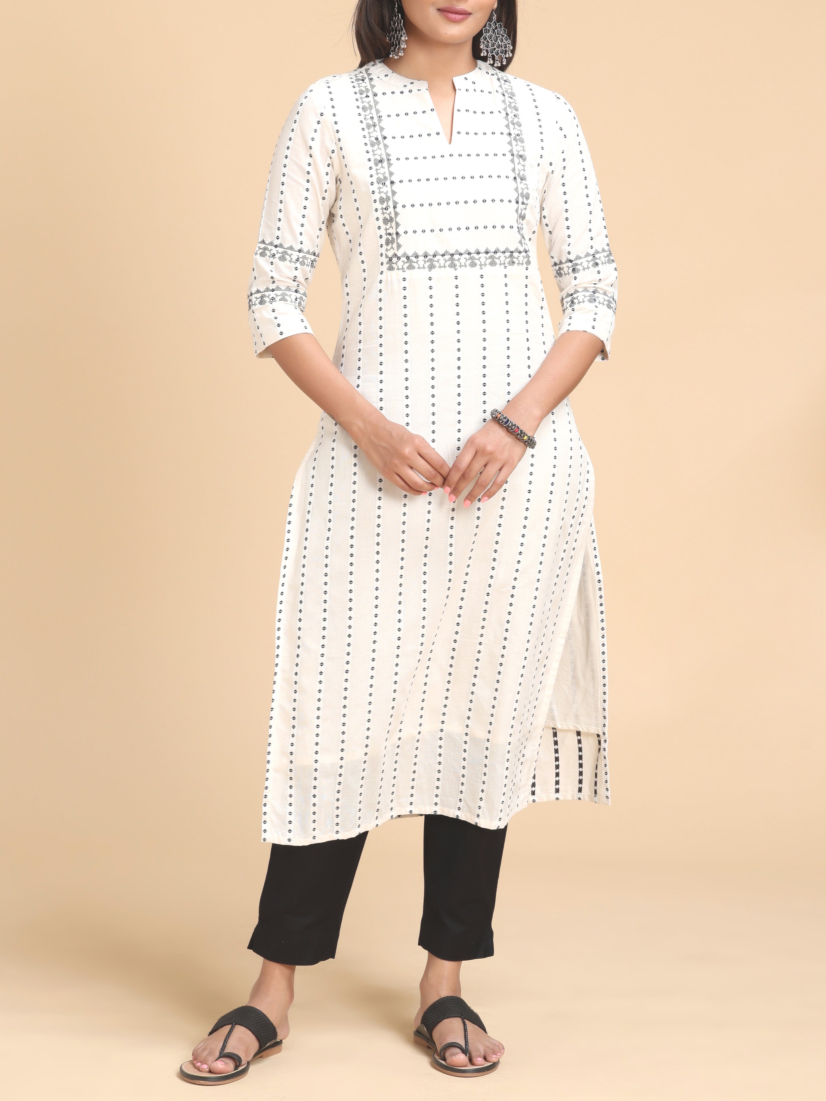 White Handloom Cotton Weaving Kurti With Embroidery