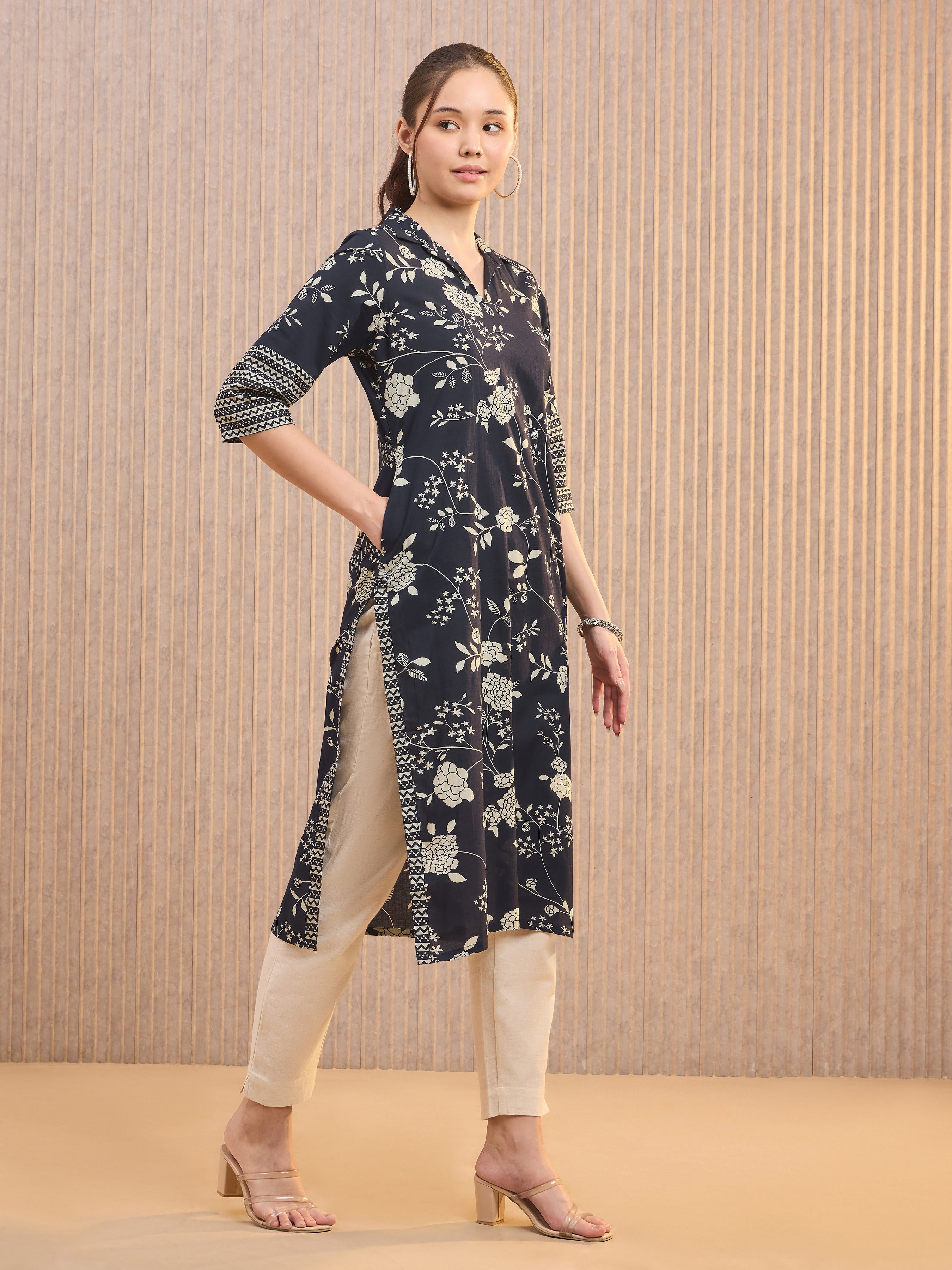 Navy Blue Pure Cotton Printed Kurti With Shirt Collar