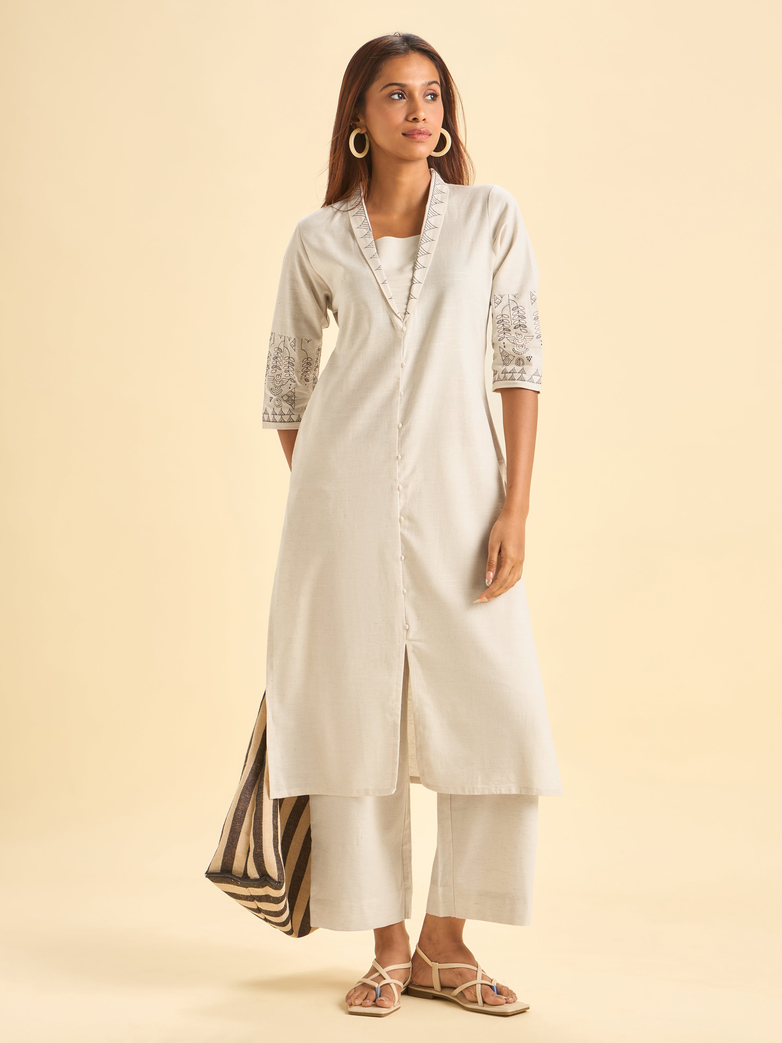 Ivory Cotton Flax Plain Kurti With Embroidery
