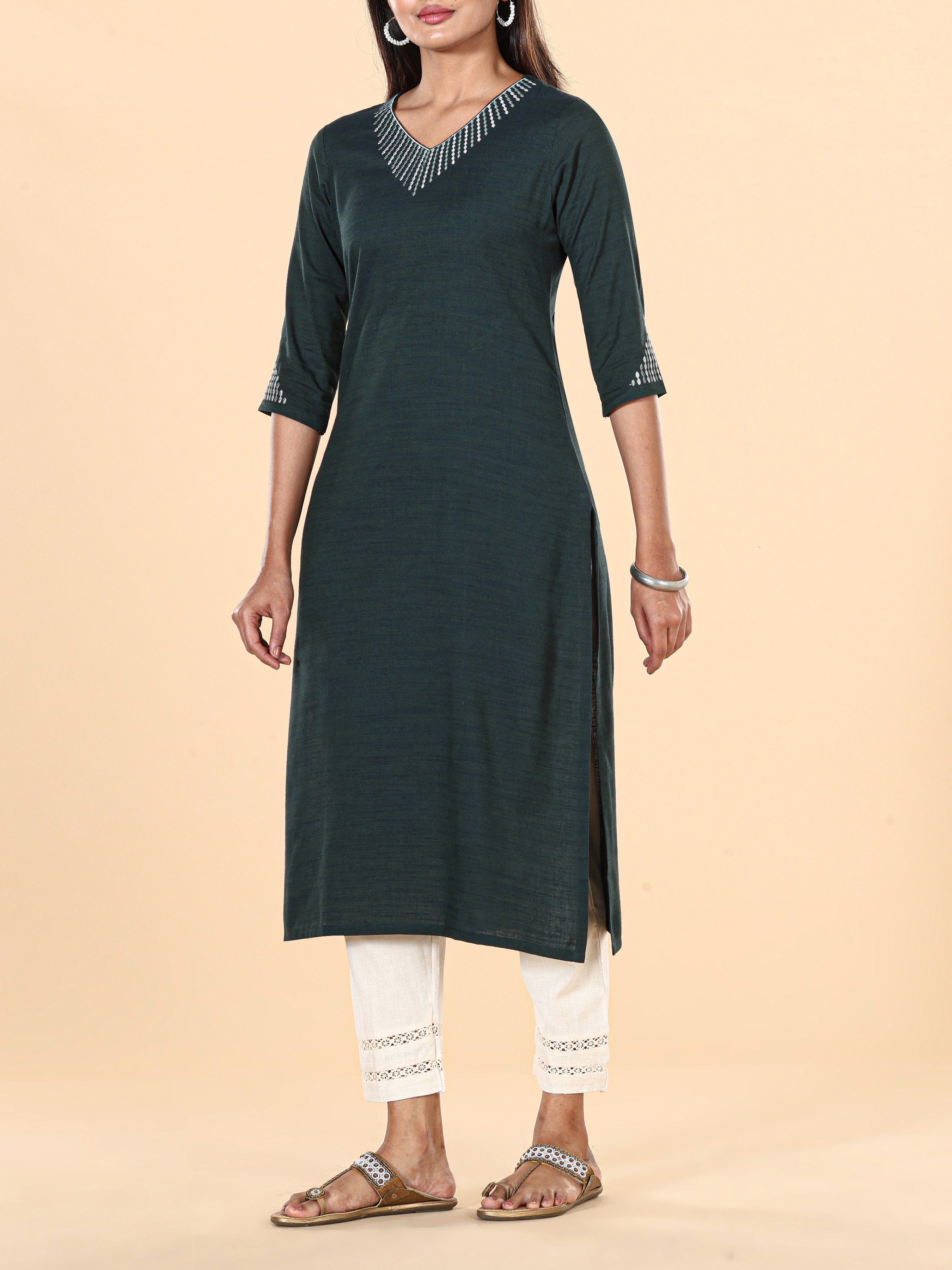 Teal Blue Viscose Cotton Kurti With Embroidery