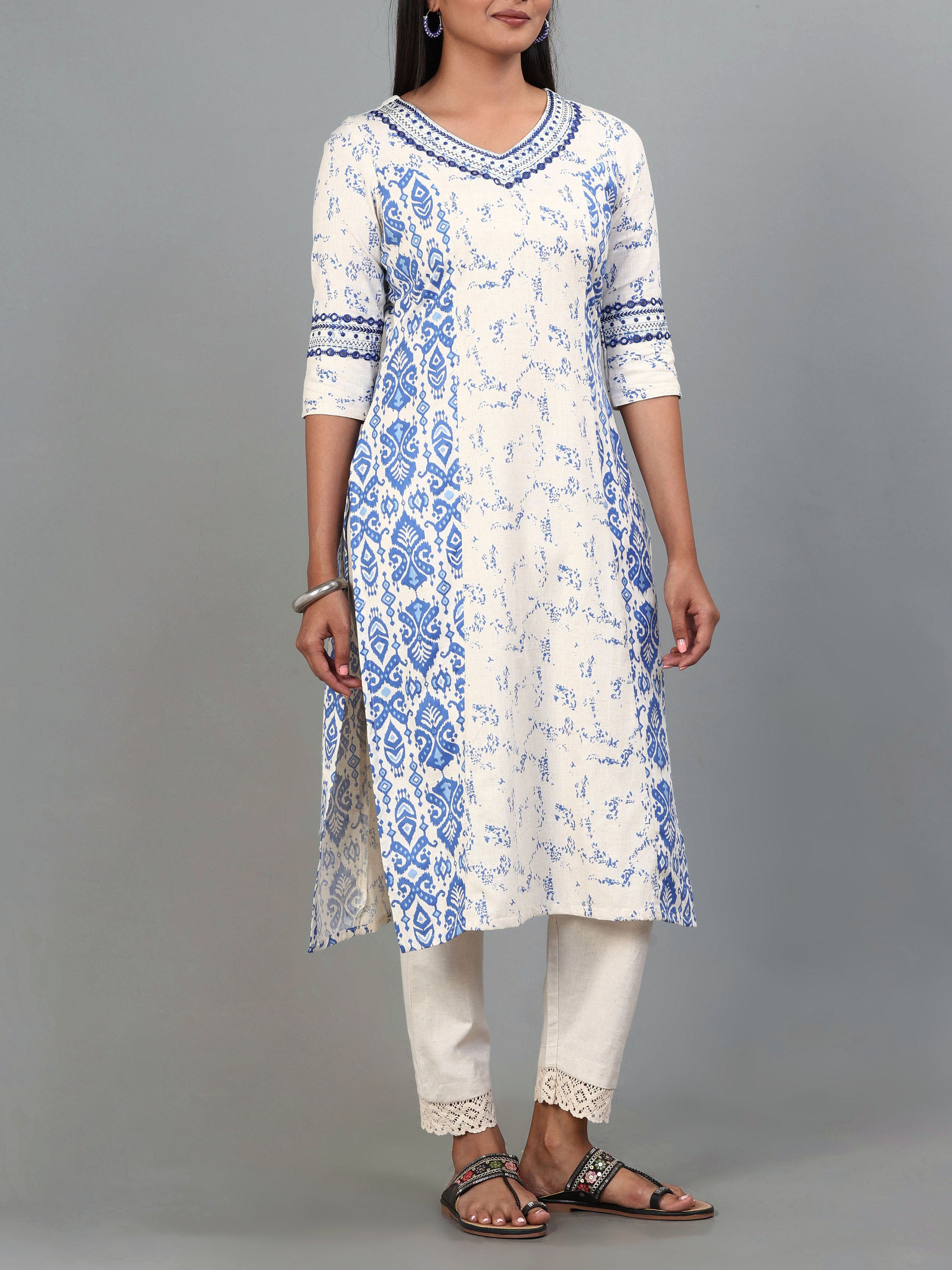 Multi Colour Cotton Flax Kurti With Embroidery