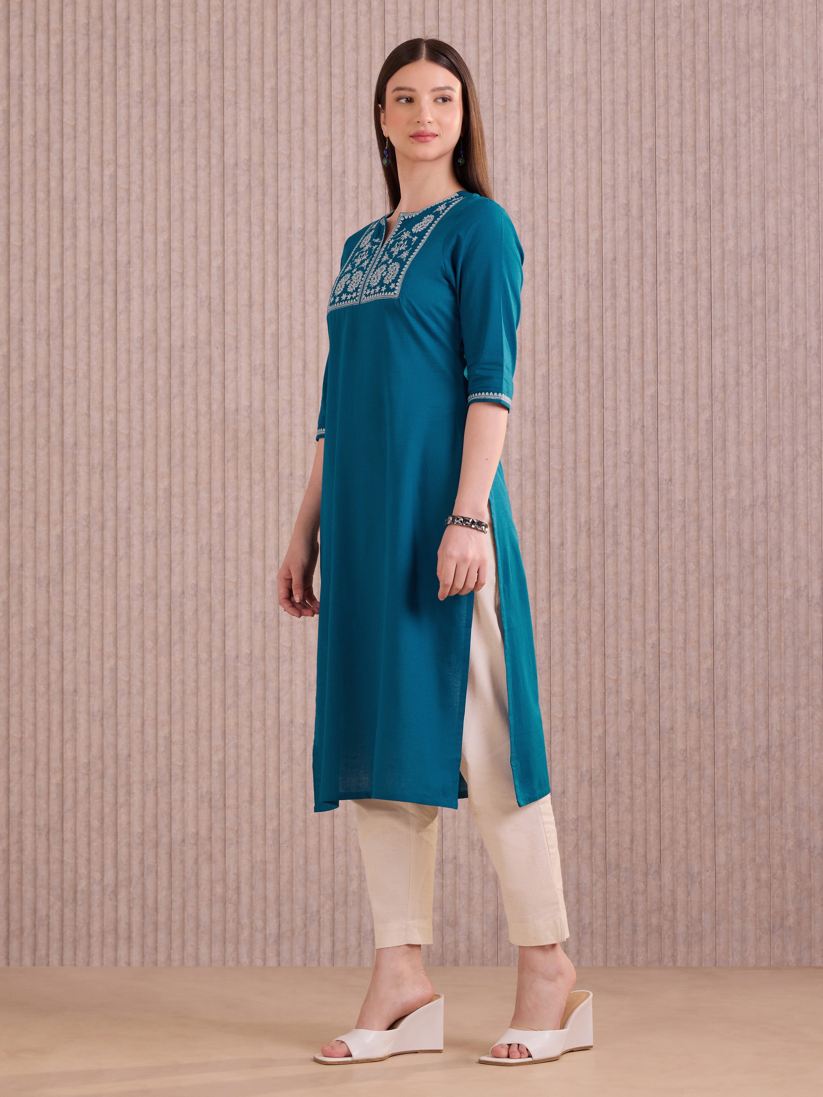 Blue Cotton Flax Kurti With Embroidery