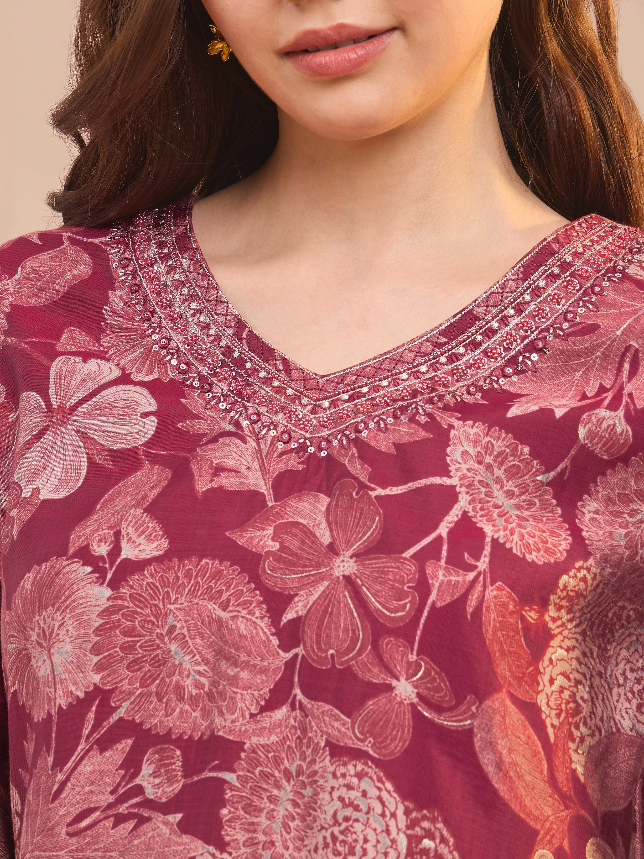 Majenta Modal Chanderi Floral Printed Kurti Set With Hand Work