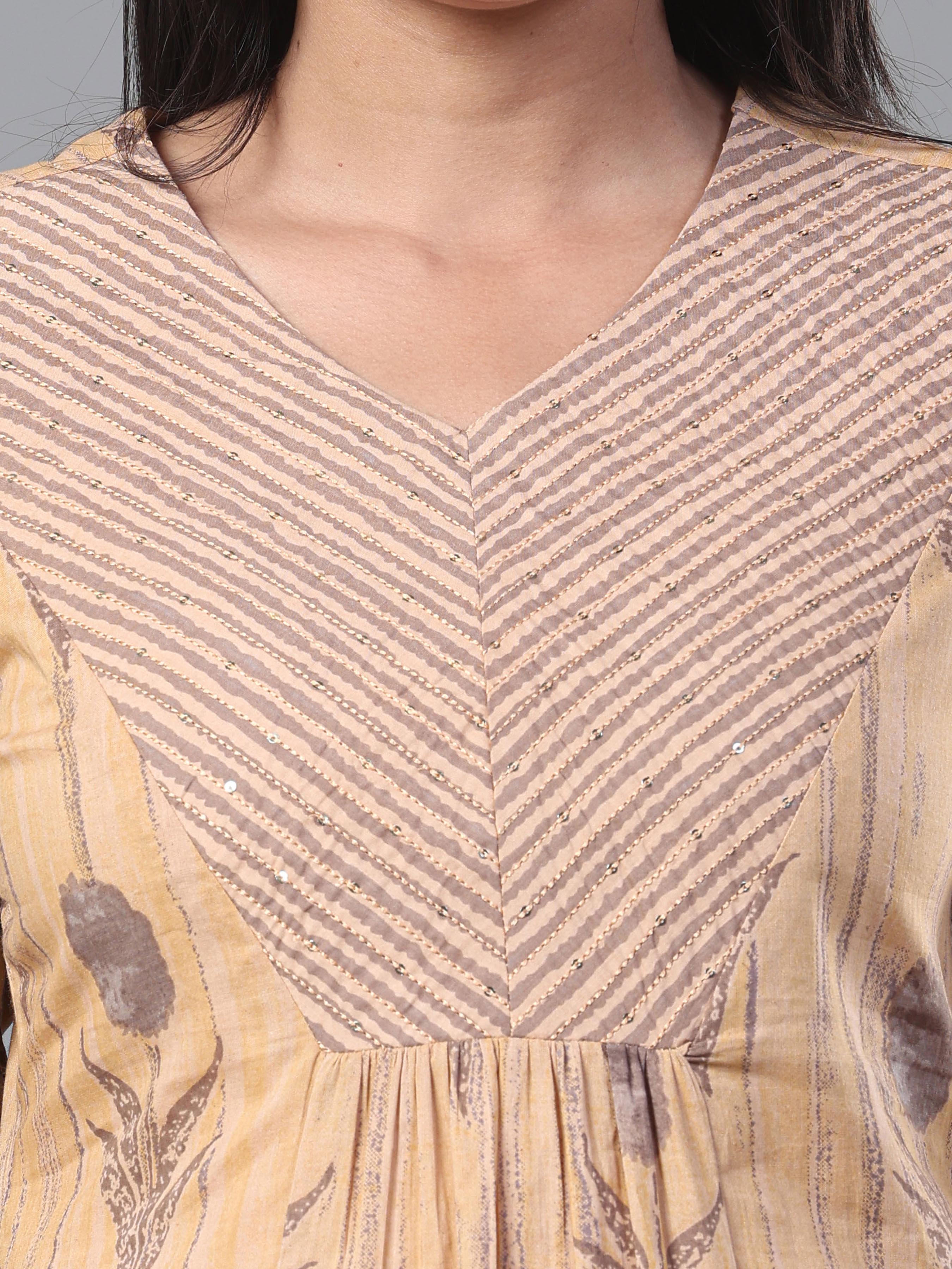 Beige Pure Cotton Printed Kurti With Embroidery