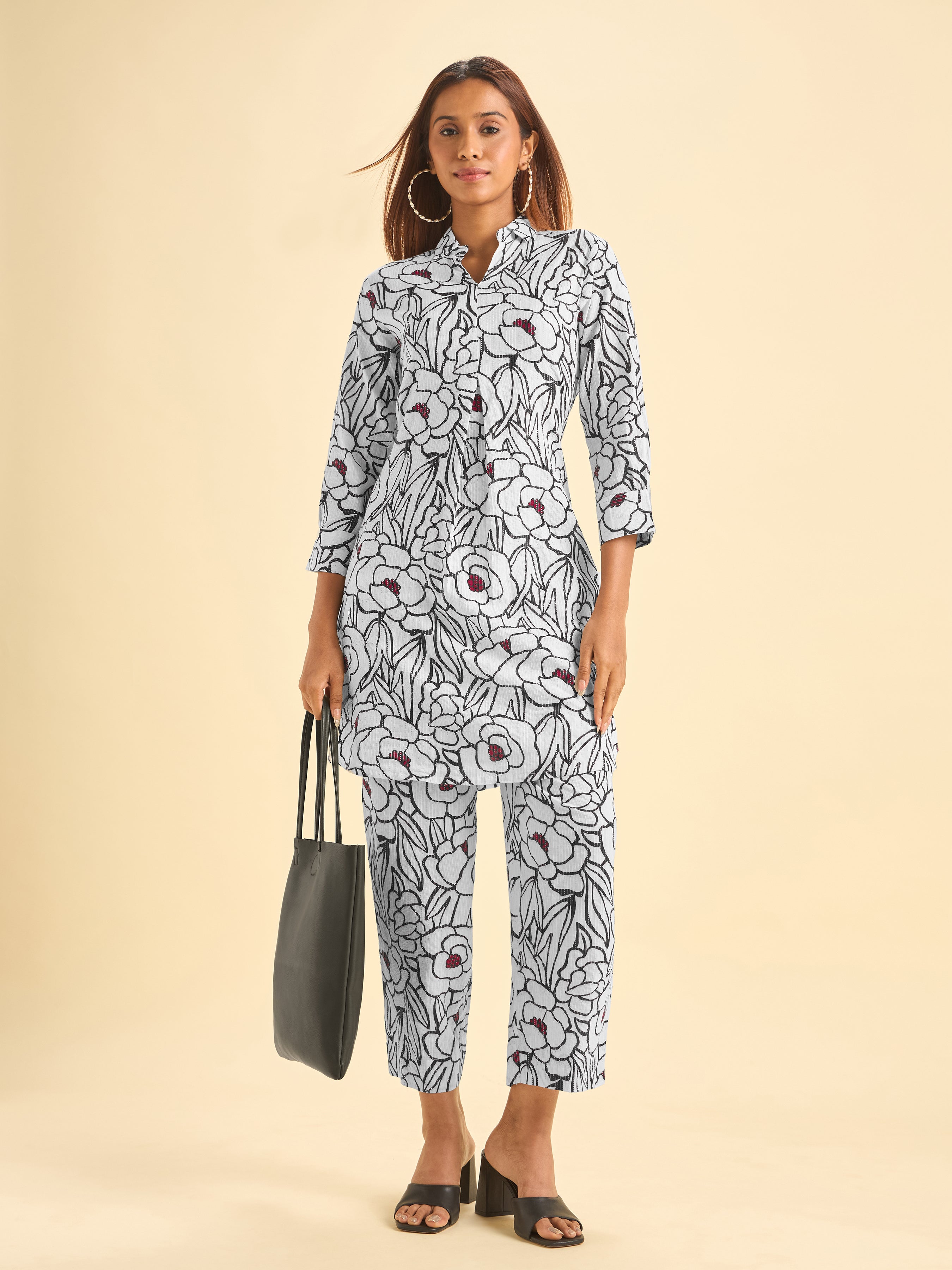 White And Black Pure Cotton Katha Printed Kurti Set With Curved Hem