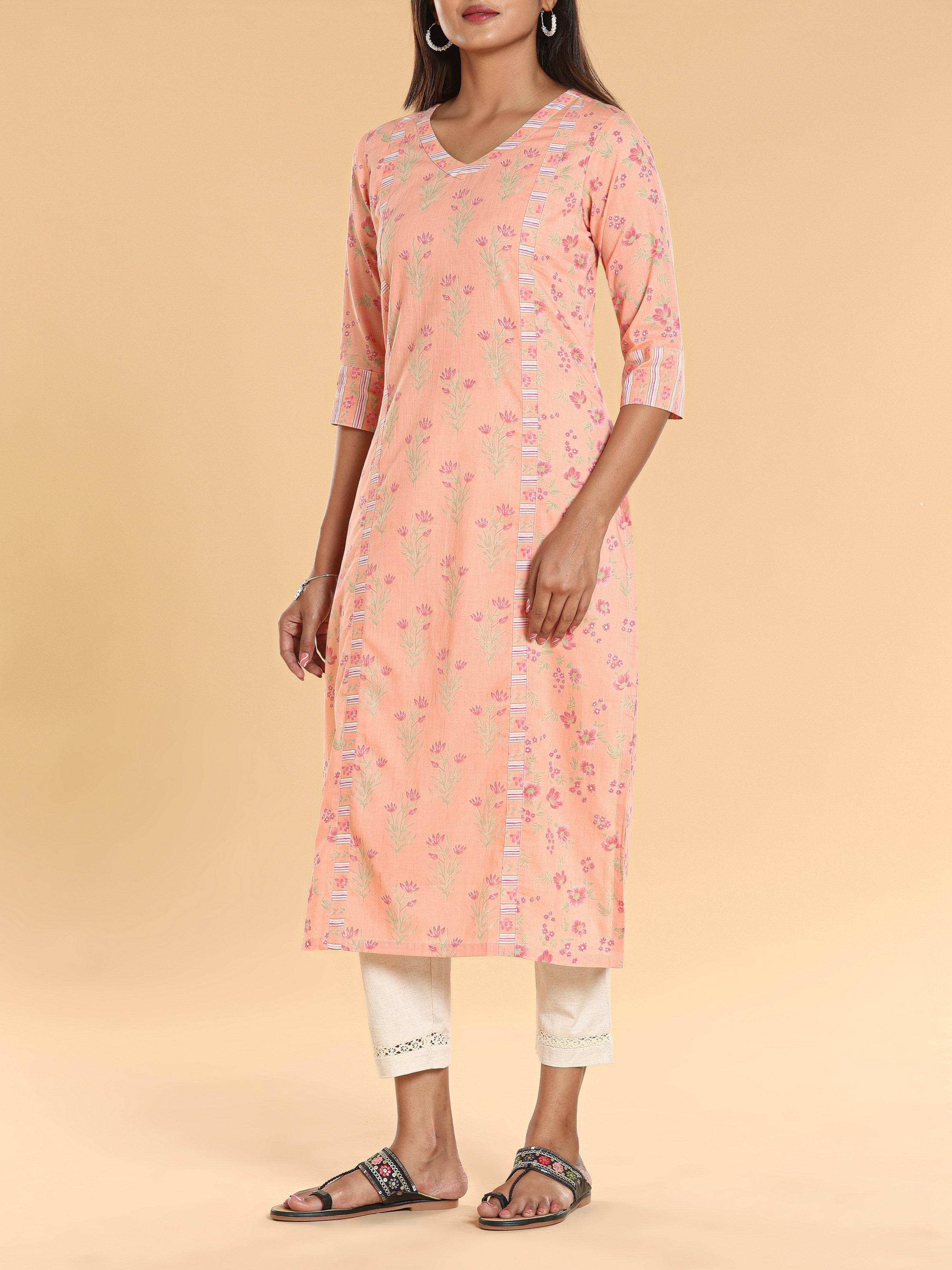 Peach Pure Cotton Printed Kurti With Panel Cut