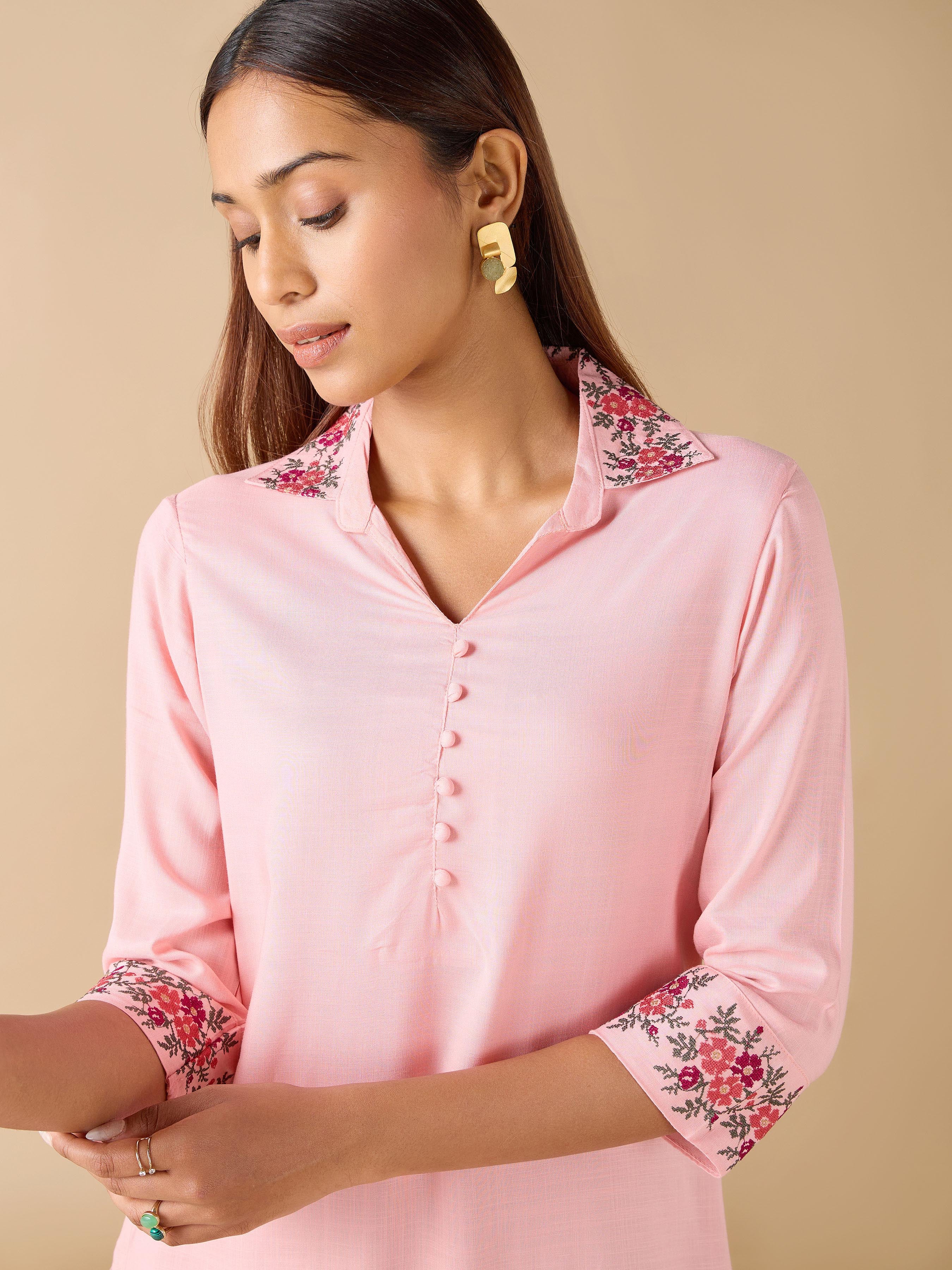 Baby Pink Viscose Slub Kurti With Cross Stitch Embroidery