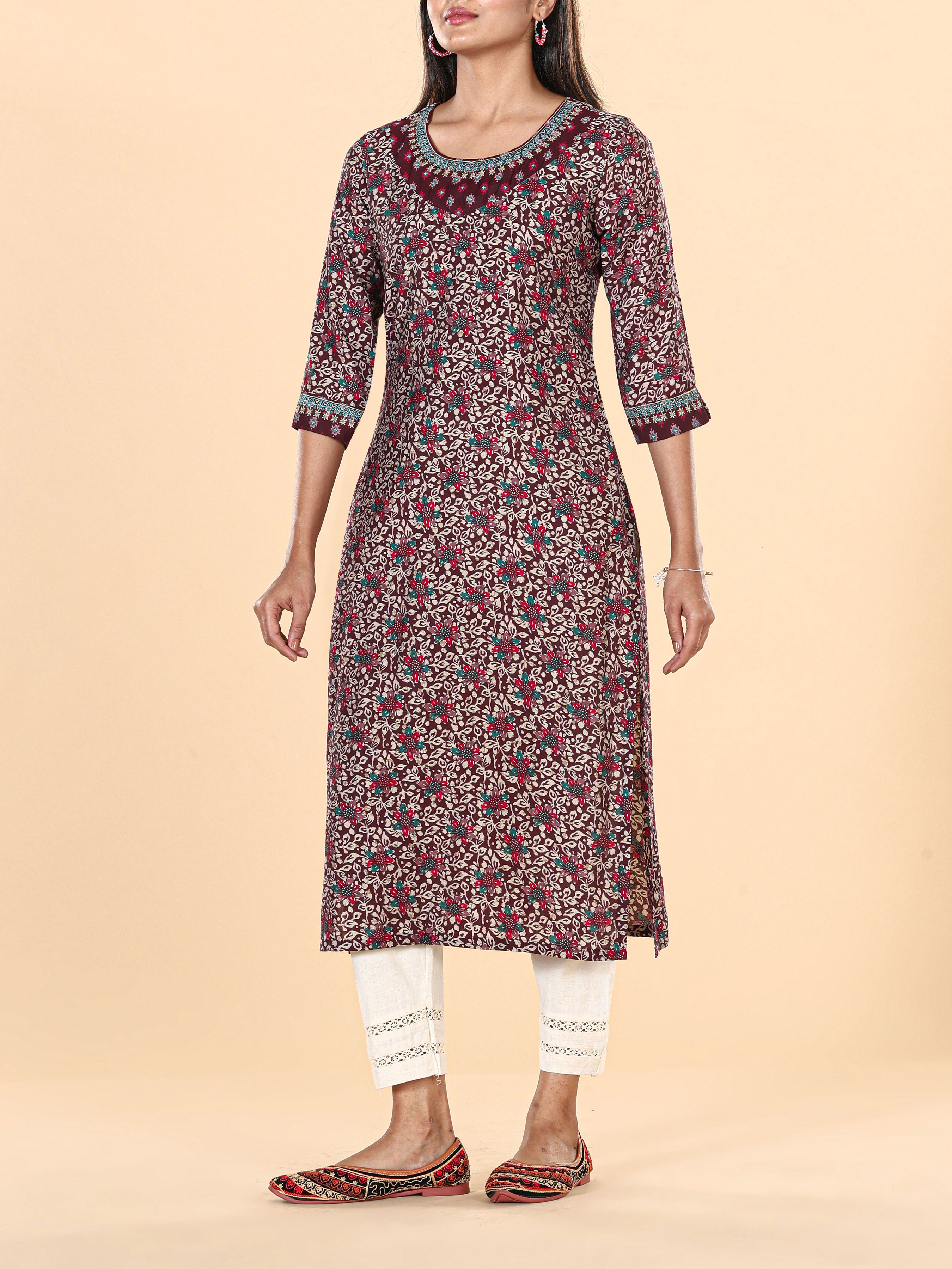 Maroon Modal Chanderi Printed Kurti With Embroidery