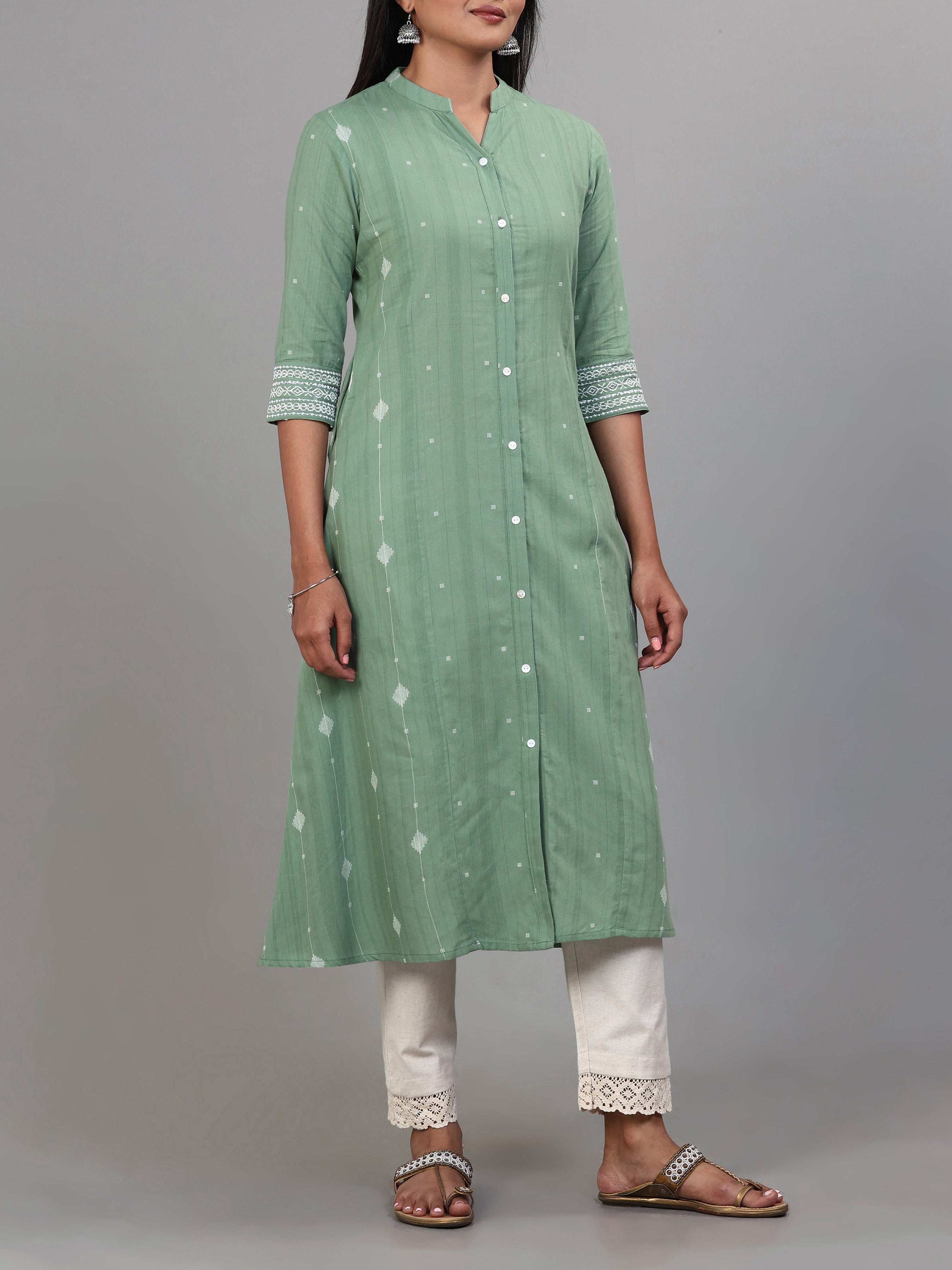 Mint Green Cotton Dobby Kurti With Embroidery