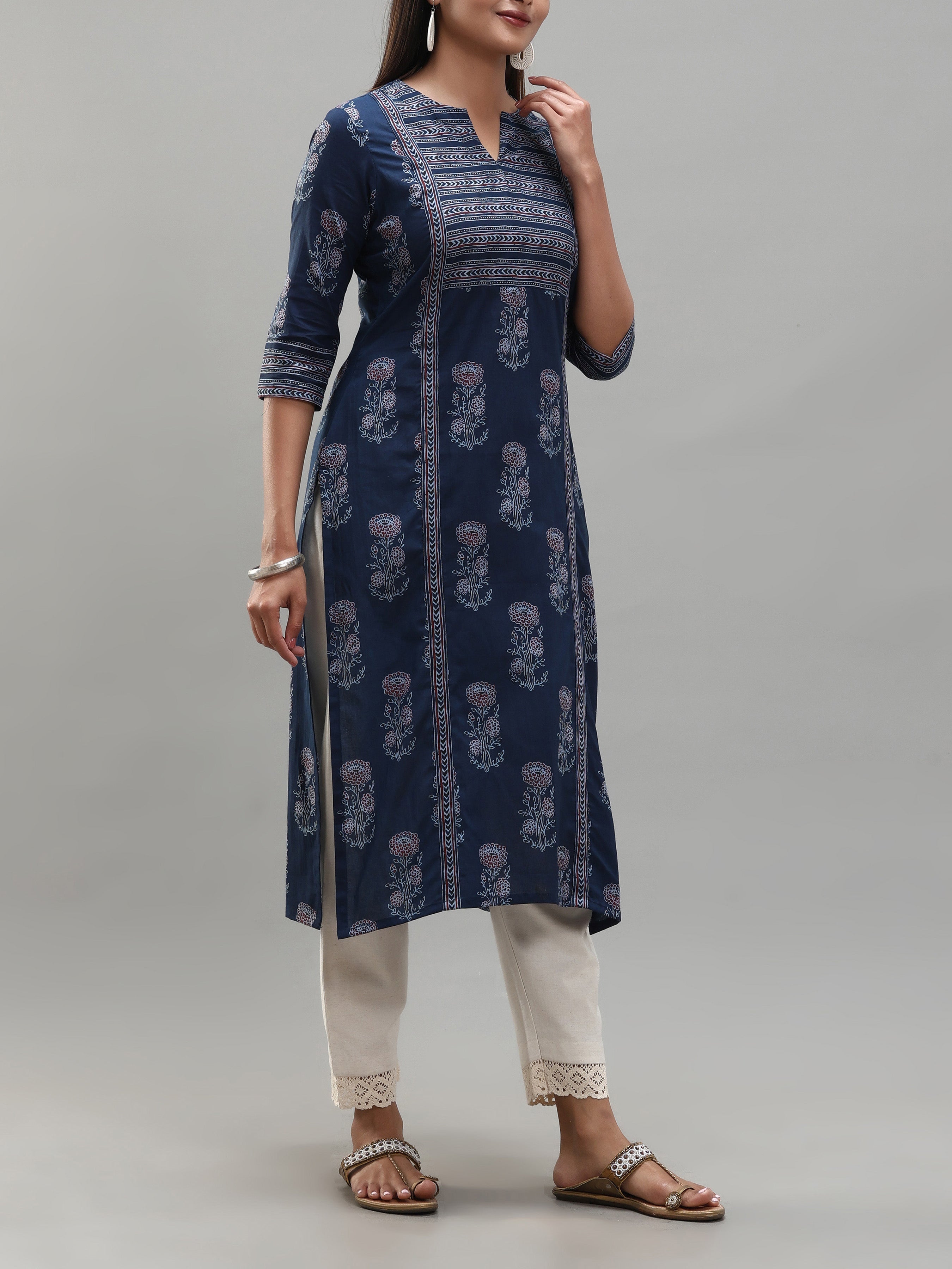 Navy Blue Pure Cotton Kurti With Print