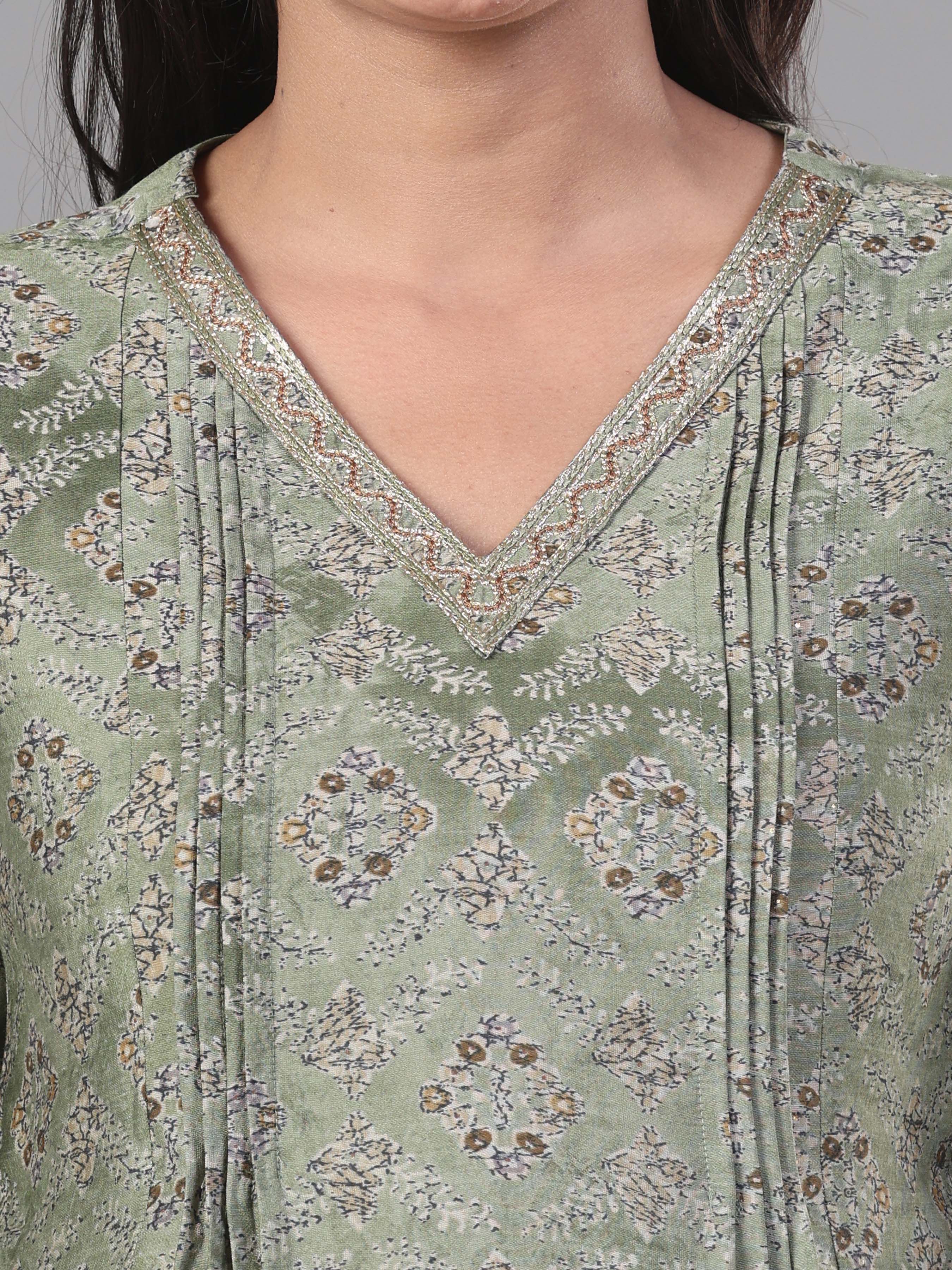 Olive Green Modal Chanderi Printed Kurti With Embroidery
