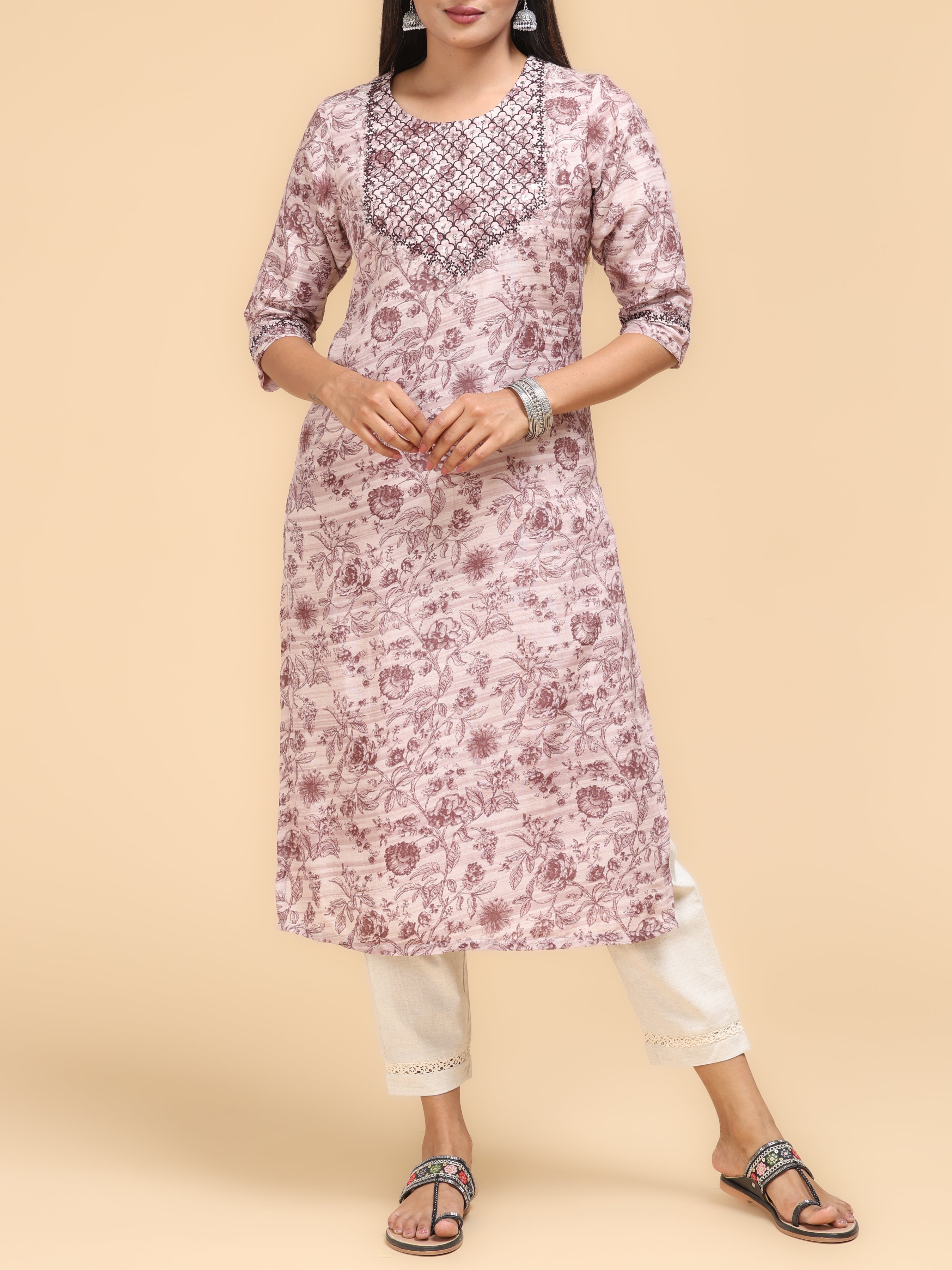 Brown Viscose Linen Printed Kurti With Embroidery