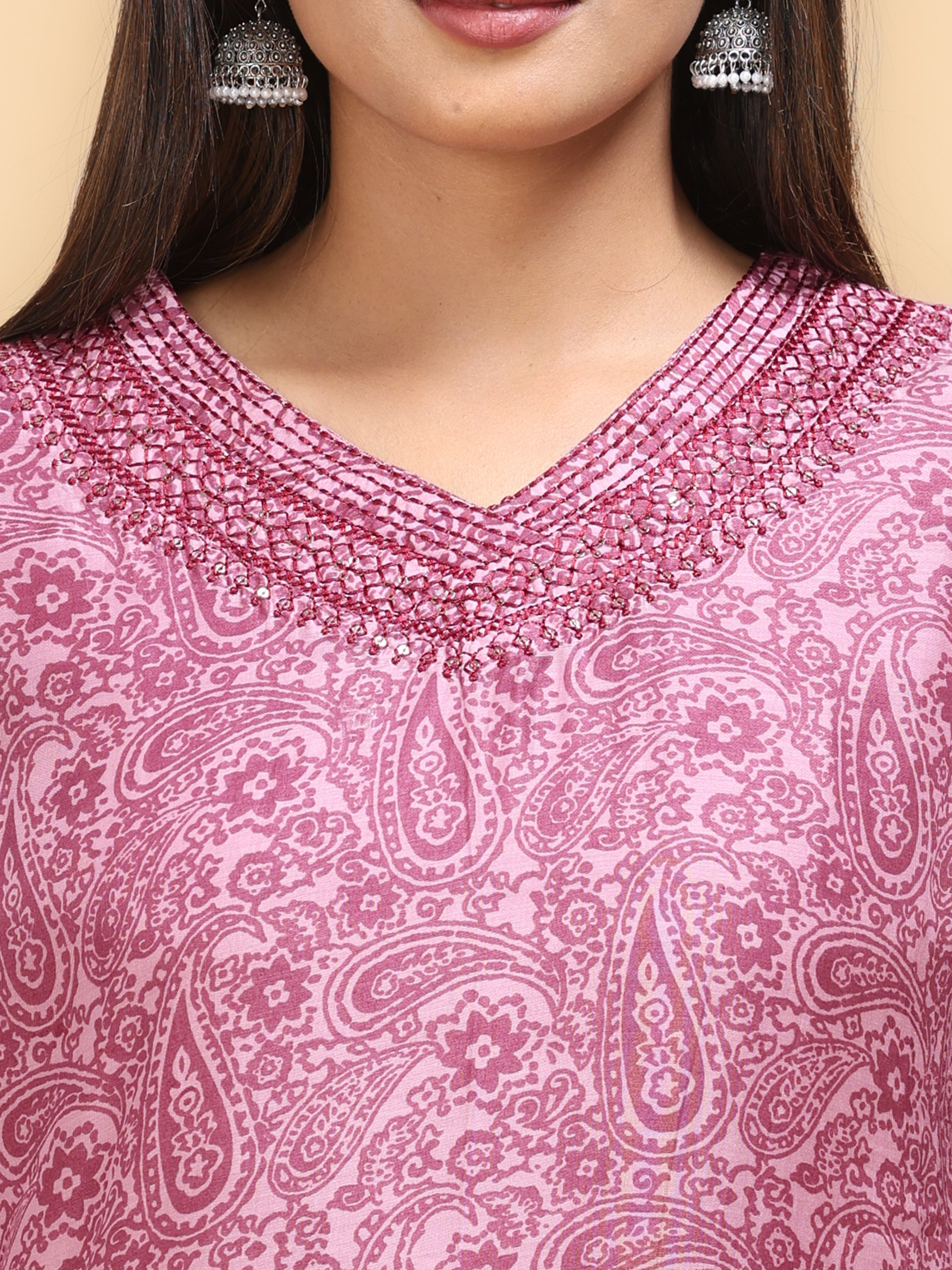 Pink Muslin Printed Kurti With Embroidery