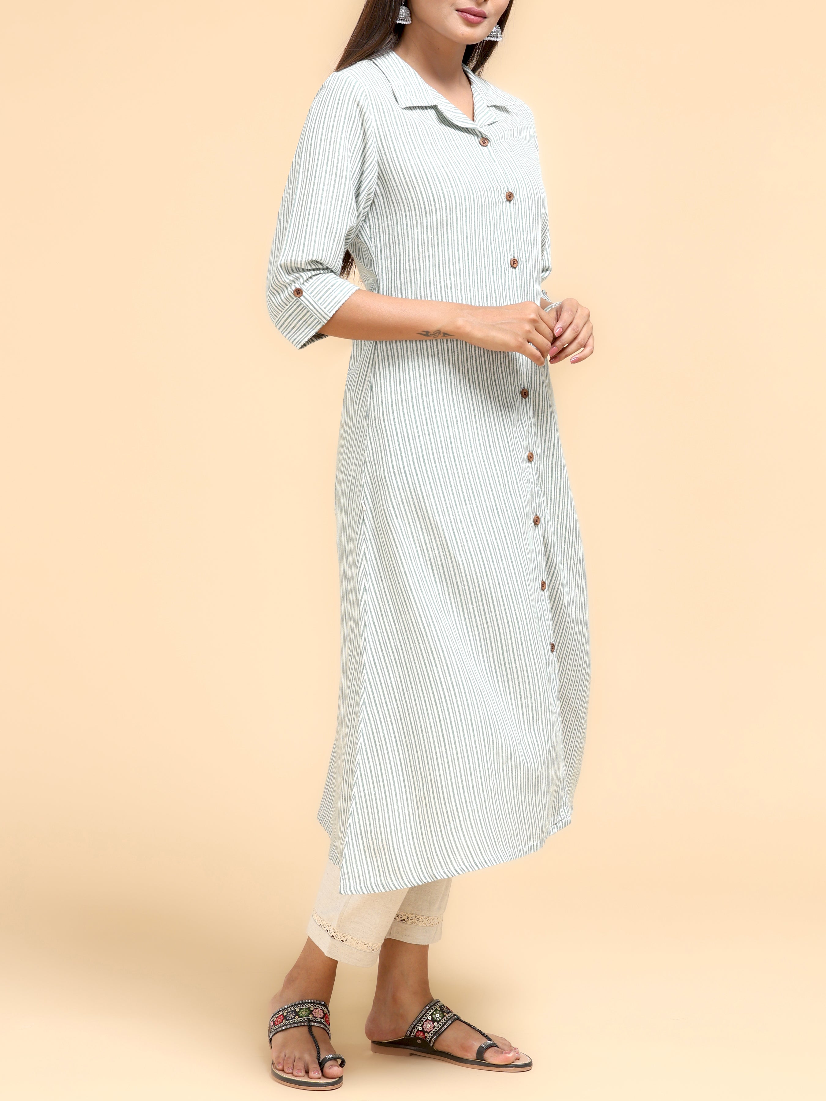 Multi-Colour Cotton Stripe Printed Kurti With Shirt Collar