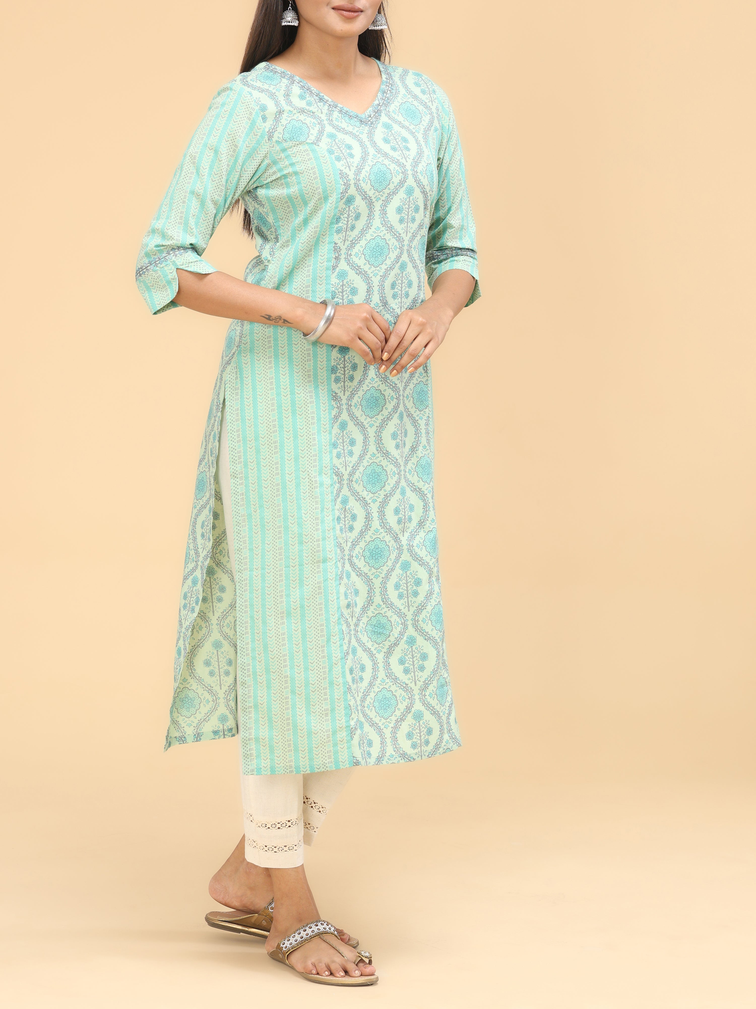 Green Pure Cotton Kurti With Print