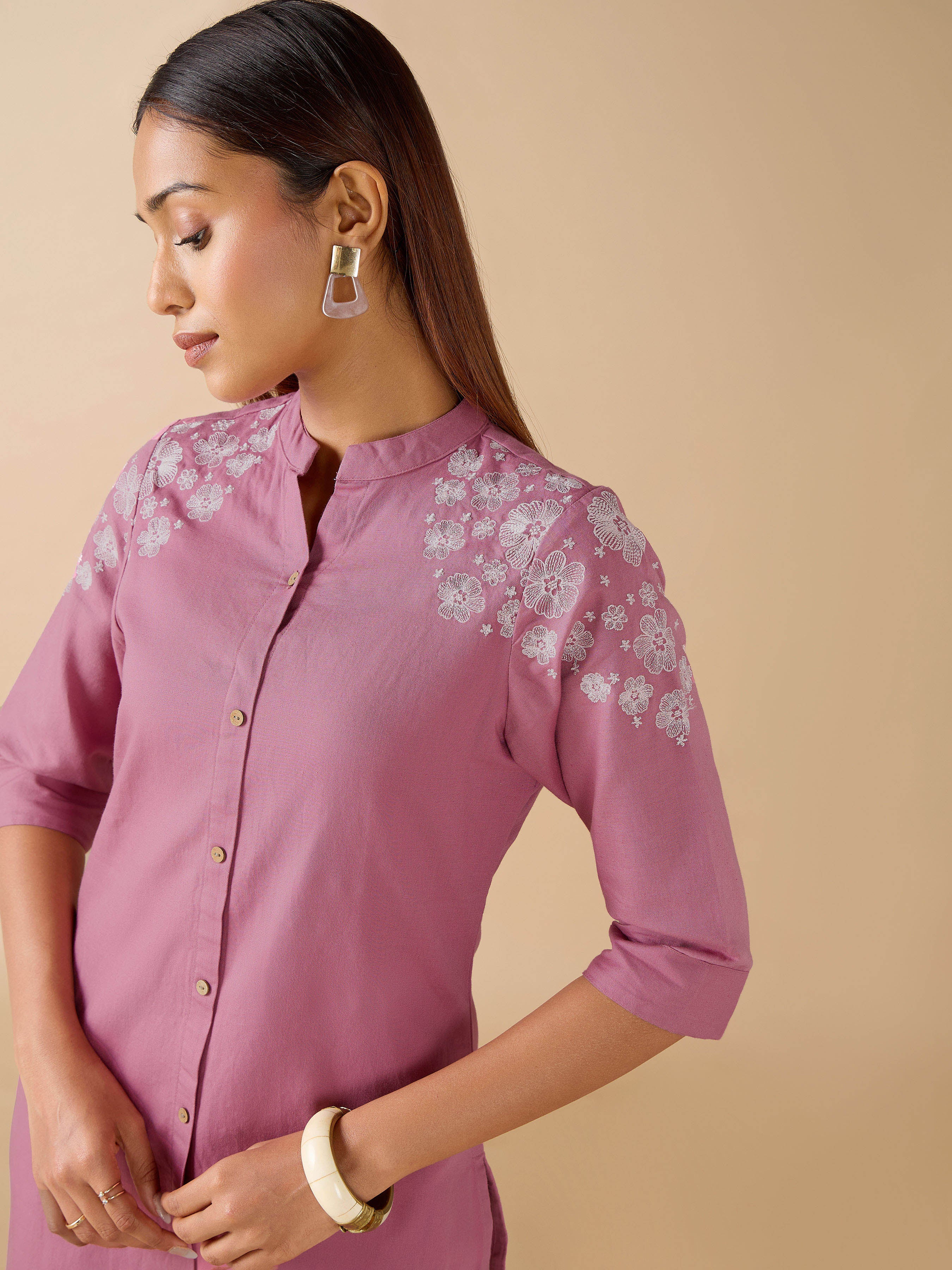 Onion Pink Cotton Linen Plain Kurti With Embroidery And Matching Bottom