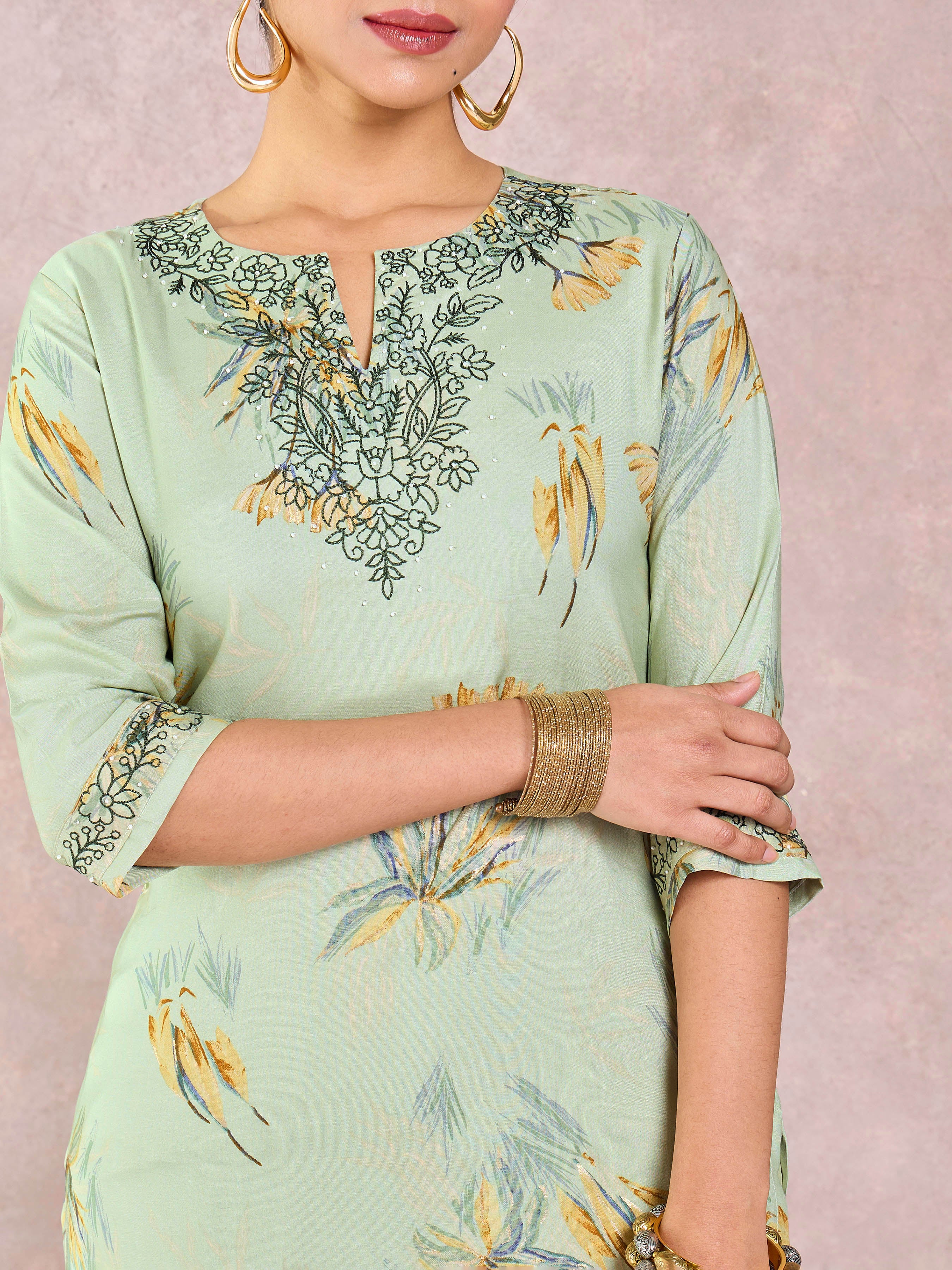 Pista Green Viscose Linen Printed Kurti & Bottom With Hand Work