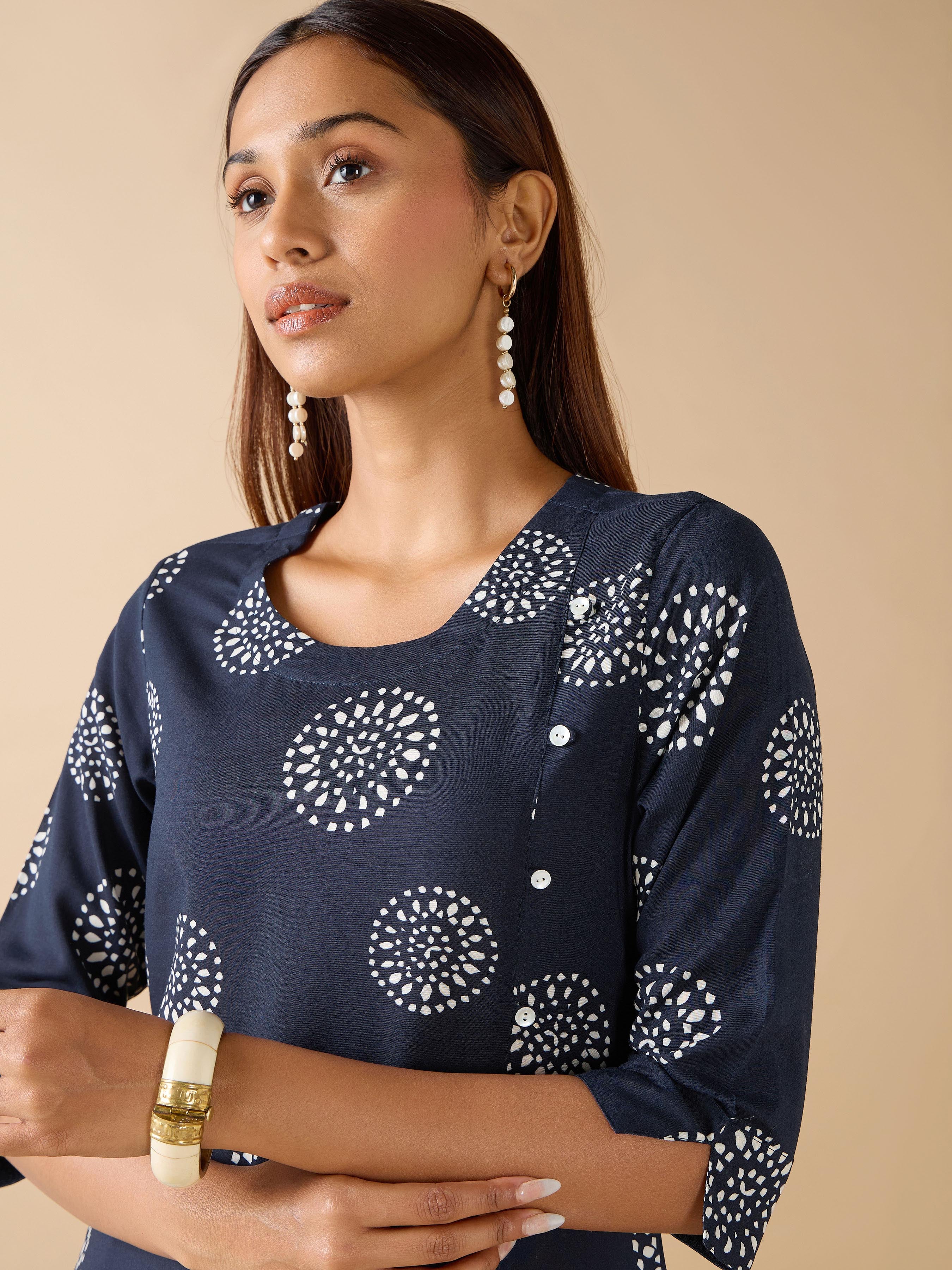 Navy Blue Viscose Print With Side Panel Kurti