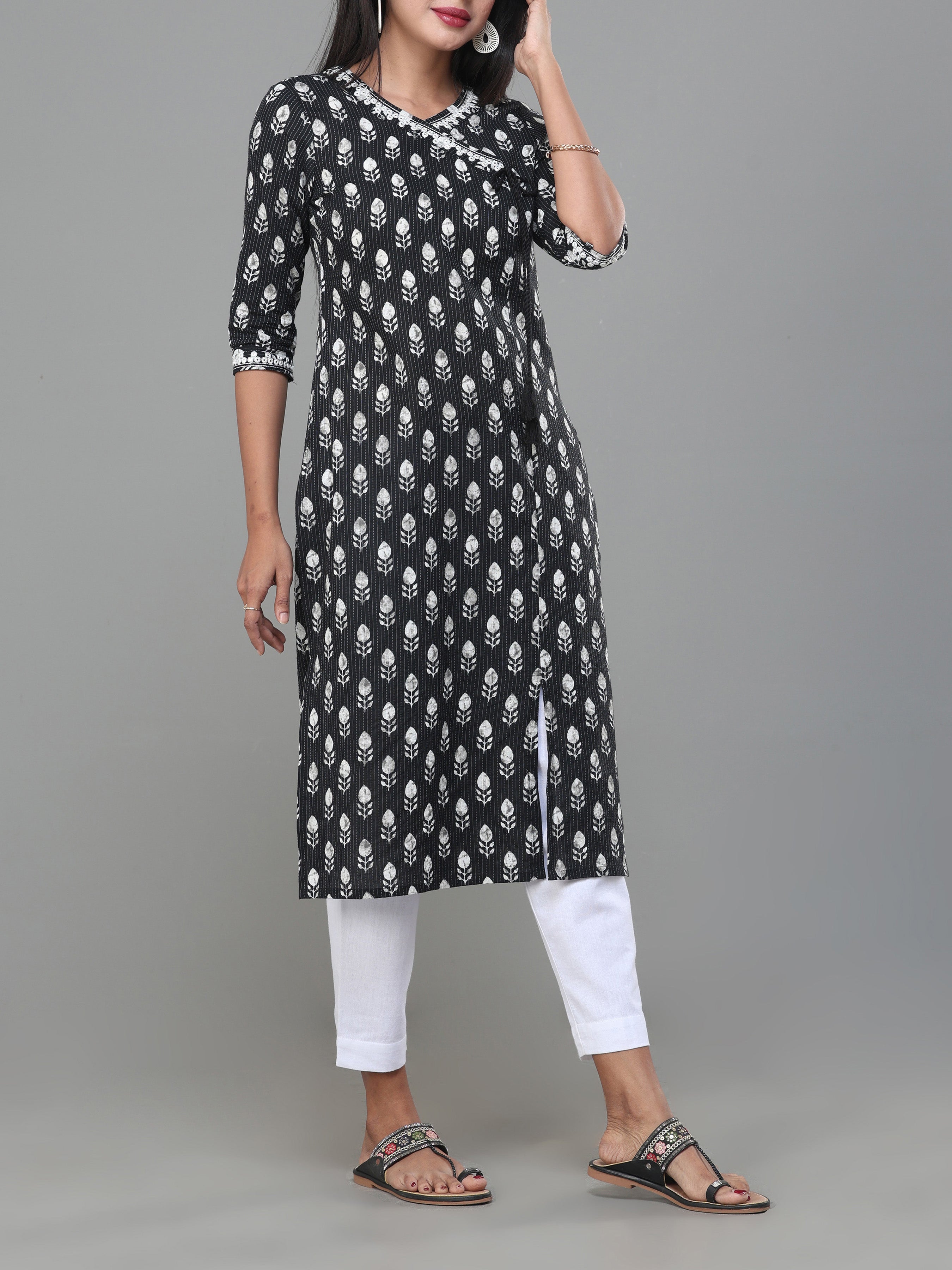 Black Cotton Dobby Printed Kurti With Embroidery